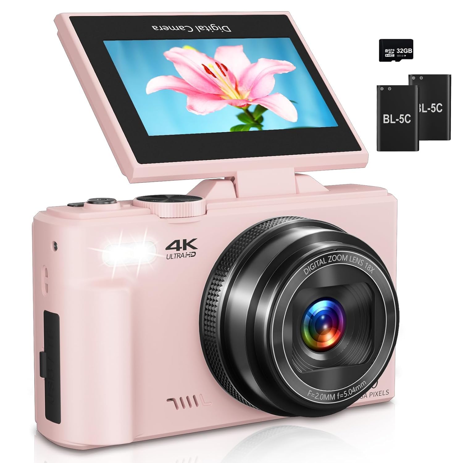 Digital Camera for Photography, 4K Vlogging Camera for YouTube 3" 180° Flip Screen 18X Digital Zoom Compact Cameras with 32GB TF Card & 2 Batteries, Pink (CAM06)-picture-17