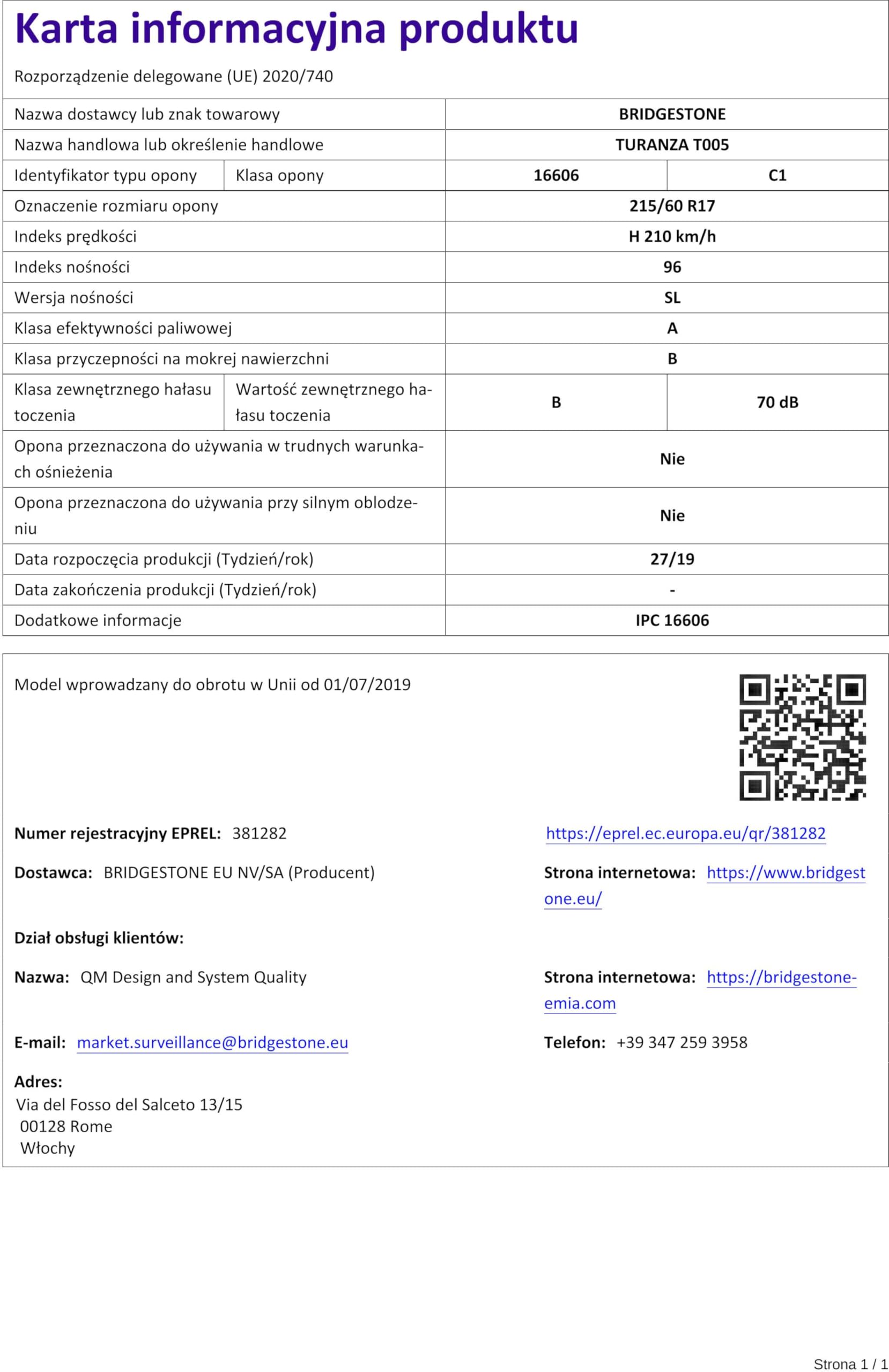 Bridgestone TURANZA T005-215/60 R17 96H - A/B/70 - pneumatico estivo (per auto e SUV/4X4)
