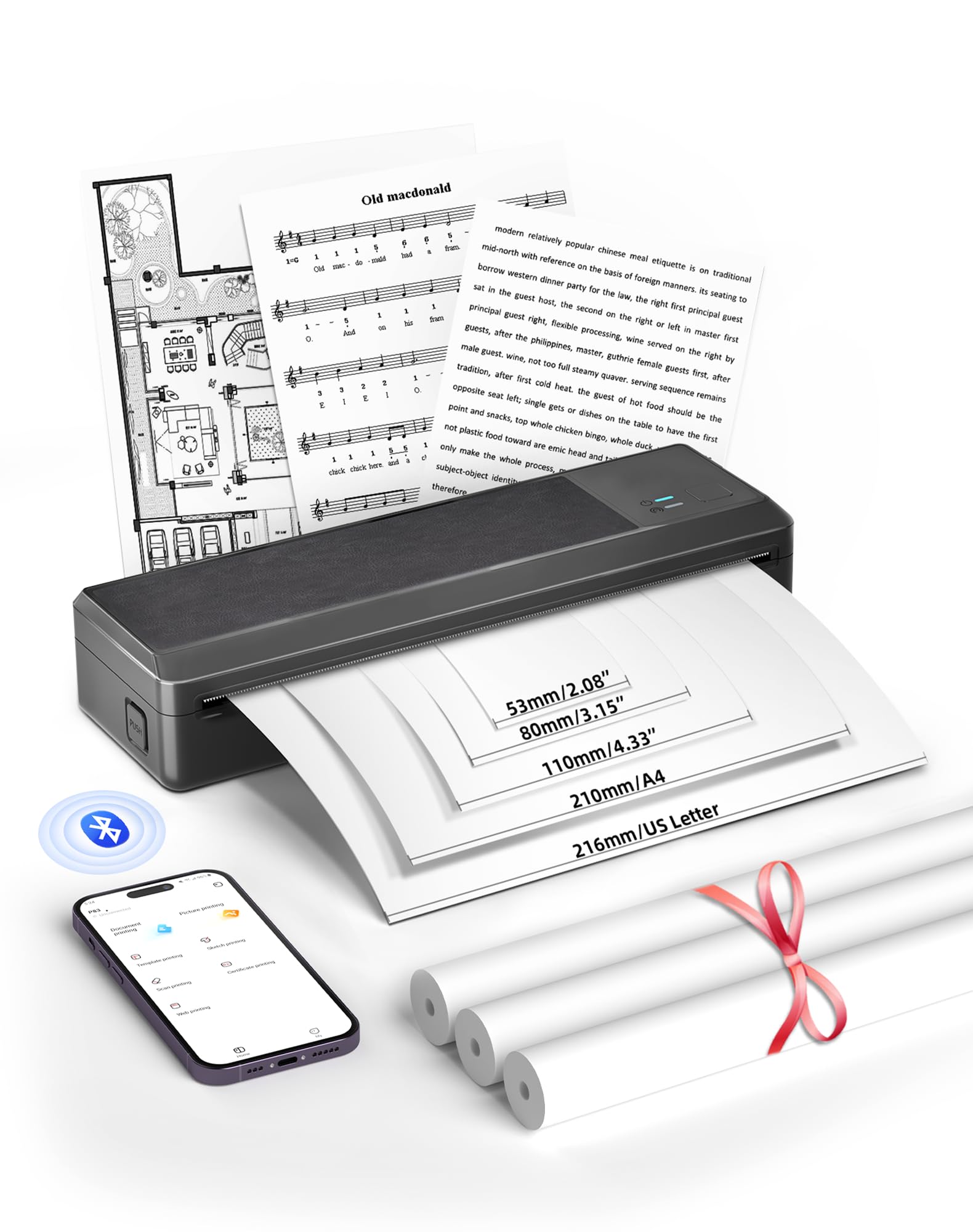 BORN4SHIP Thermodrucker A4, P83 Tragbarer Mobiler Drucker Kompatibel mit iOS & Android mit 3Rollen Thermopapier, Bluetooth Thermodrucker unterstützt Thermopapier A4 für Reisen Zuhause Büro Schule