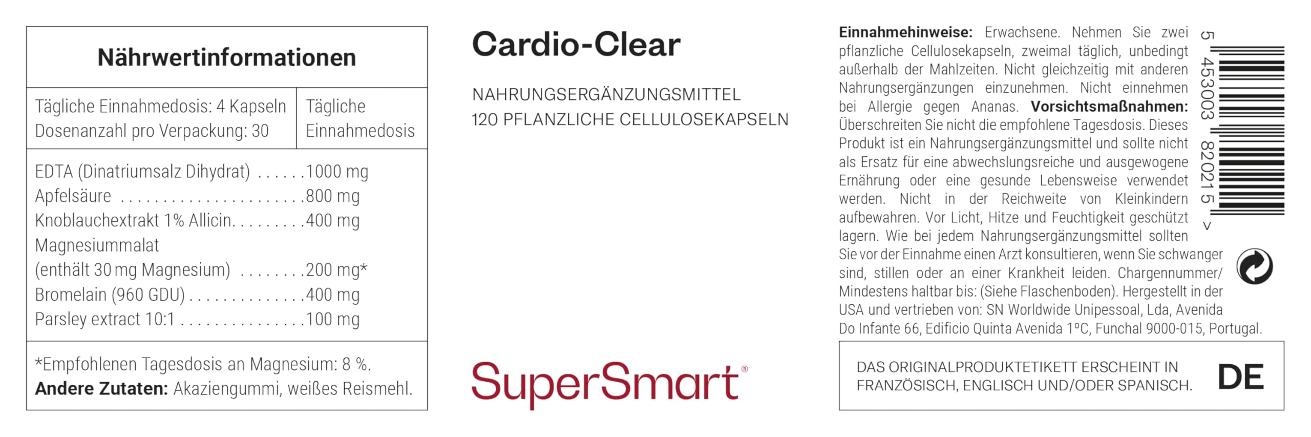 Cardio-Clear - EDTA, Magnesium, Knoblauch & Bromelain - Fördert ein Gesundes Herz - Hilft, die Arterien und den Blutkreislauf zu Unterstützen - Vegan - Glutenfrei - SuperSmart