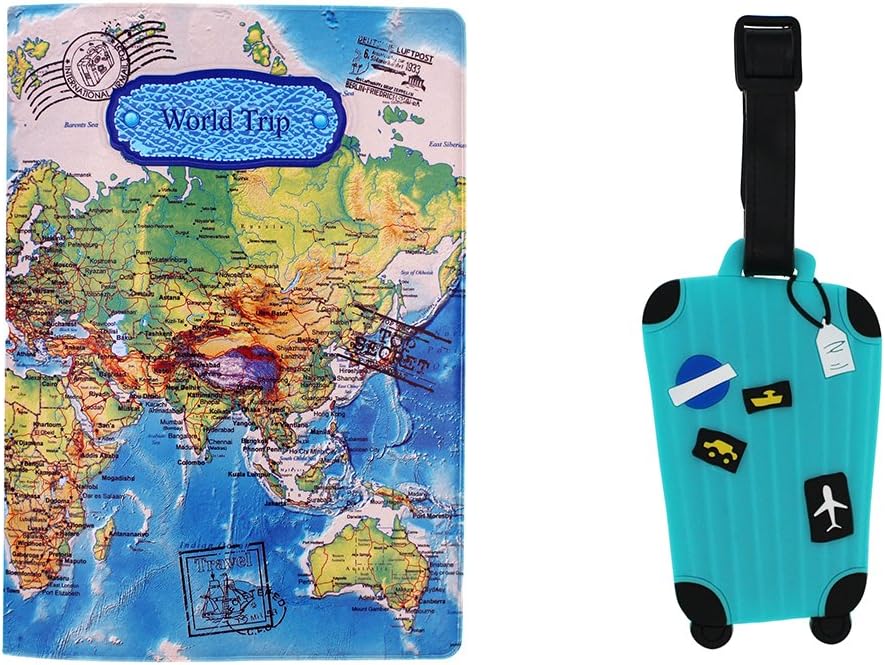Passport Cover - Holder - for Men & Women - w/Luggage Tag (World map- Blue)