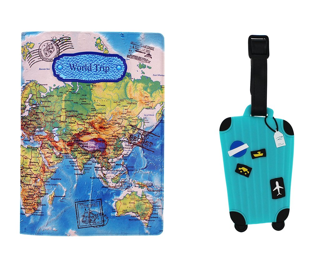 Passport Cover - Holder - for Men & Women - w/Luggage Tag (World map- Blue)