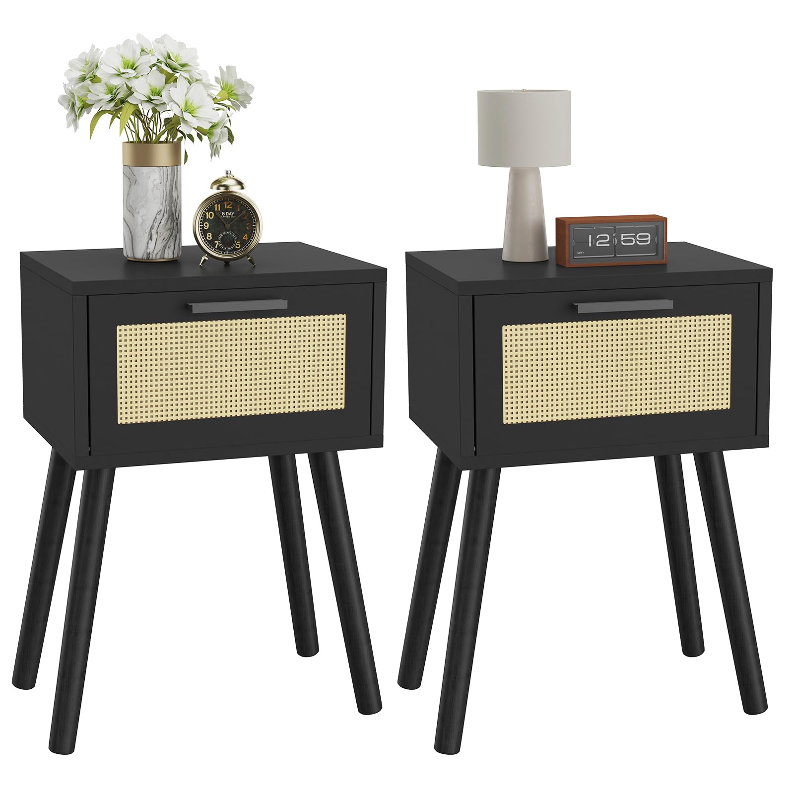 YMYNY Mesita de Noche de Ratán, Juego de 2, Mesa Auxiliar de Noche, Mesilla de Noche con Cajón magnético, Piernas de Madera Maciza, 35x27x53 cm, para Dormitorio, Oficina, Salón, Negro HST010B-2
