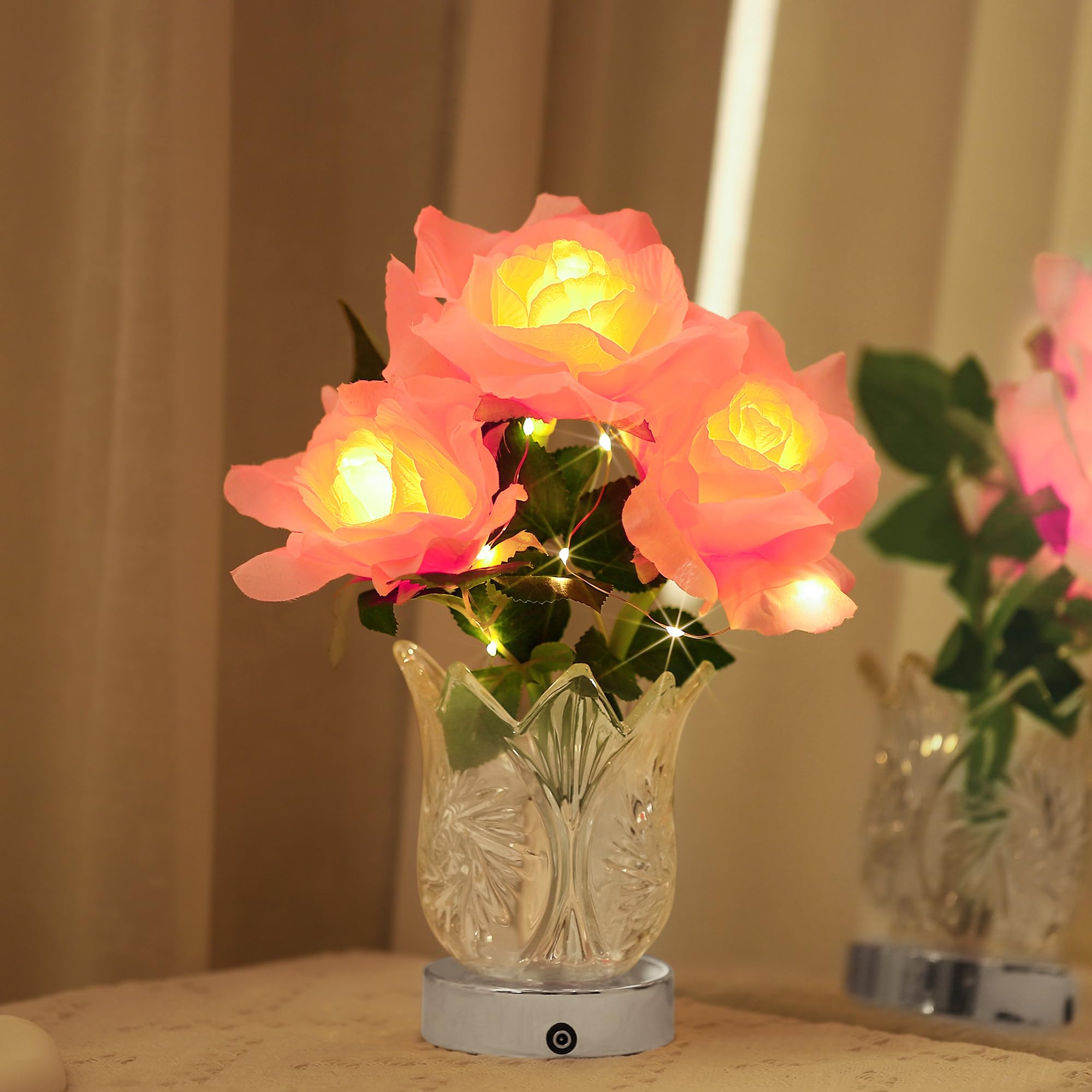Artificial Pink Rose LED Lamp Night Light,Flower Lamp Gifts for Women Mom Grandma Girlfriend Friend Wife Birthday Christmas Valentines Mothers Day Anniversary, FLower Bedroom Bar Coffee Shop Decor