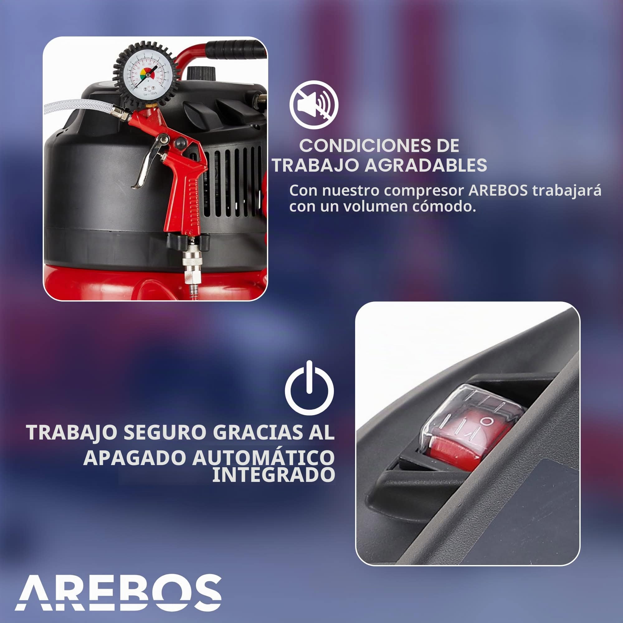 Arebos Compresor de aire comprimido | 30L | 1500W | con accesorios de 13 piezas | sin aceite| 240 L/min | Euroacoplamiento doble | 10bar | capacidad: 50 l, 30 l o 6 l