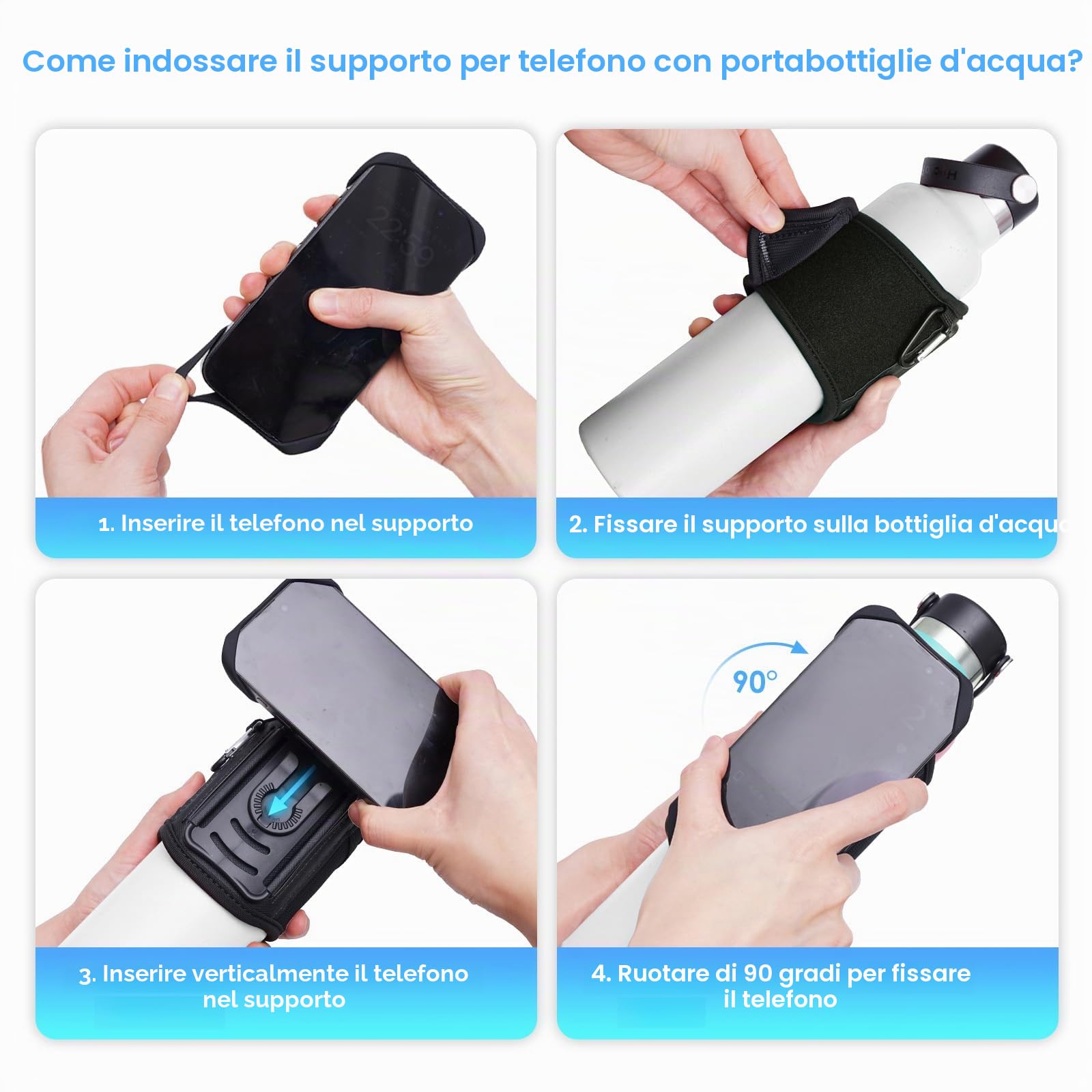 Cikyner Cinghia per Bottiglia d'Acqua, Porta Bottiglia d'Acqua per Telefono Cellulare, Accessori da Palestra Rimovibili e Girevoli a 360° per Telefono da 4,5-7'' e Bottiglie da Diametri 5-9cm