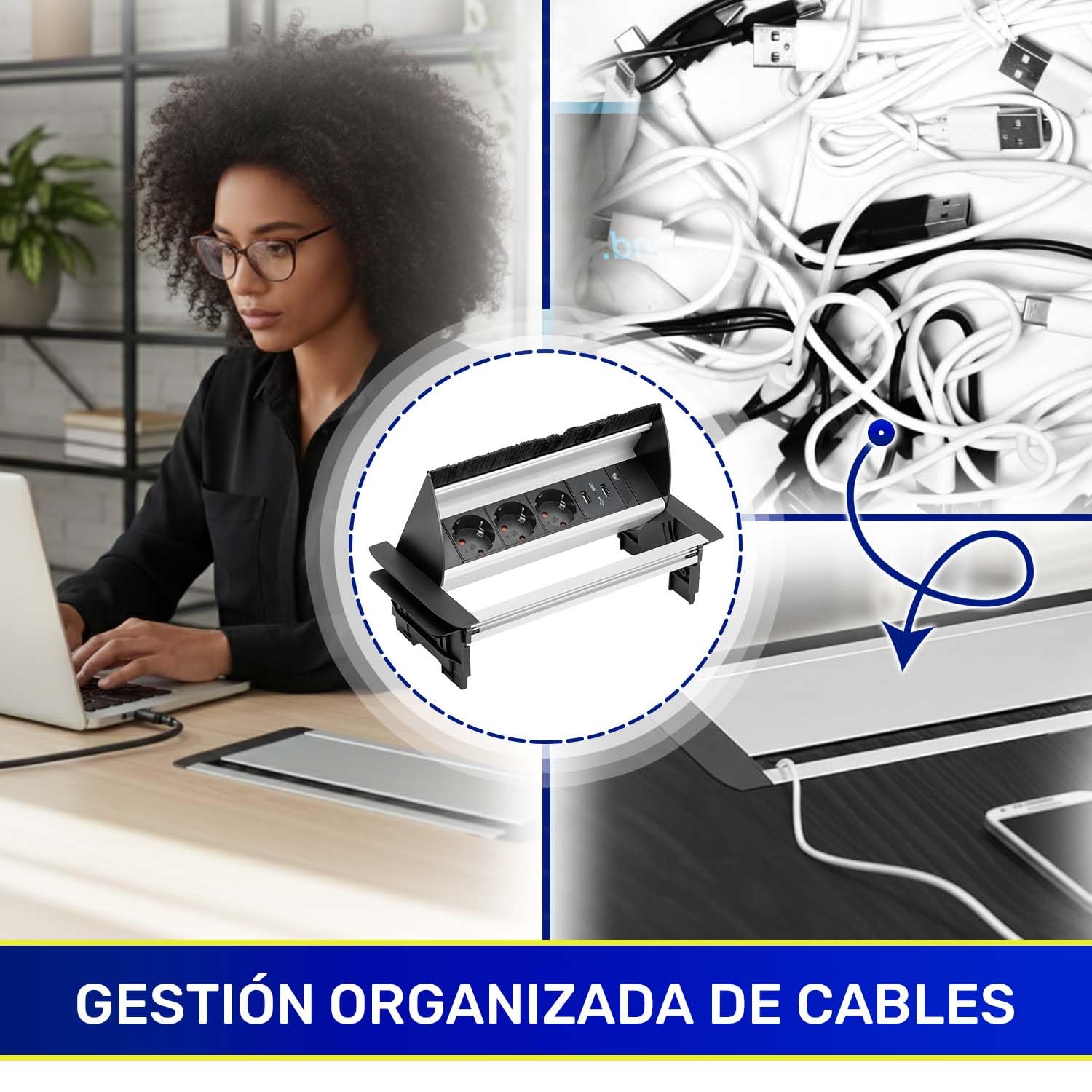 Enchufe Empotrable Mesa 291x158 mm con Cable Alimentación de 1,5 m - Regleta Empotrable 3 x Schuko y 2 x USB 5V/2,1A - Garantía de 10 Años - MONTERAL