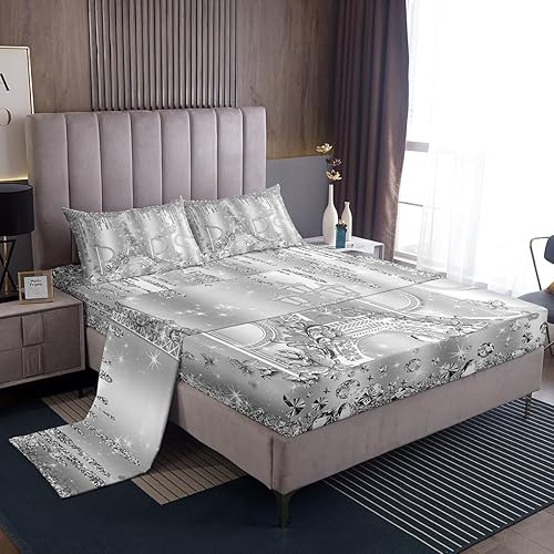Miniatura 3 de Juego de sábanas de París, tamaño King, juego de ropa de cama de 4 piezas con purpurina plateada y diamantes para decoración de habitación de niños