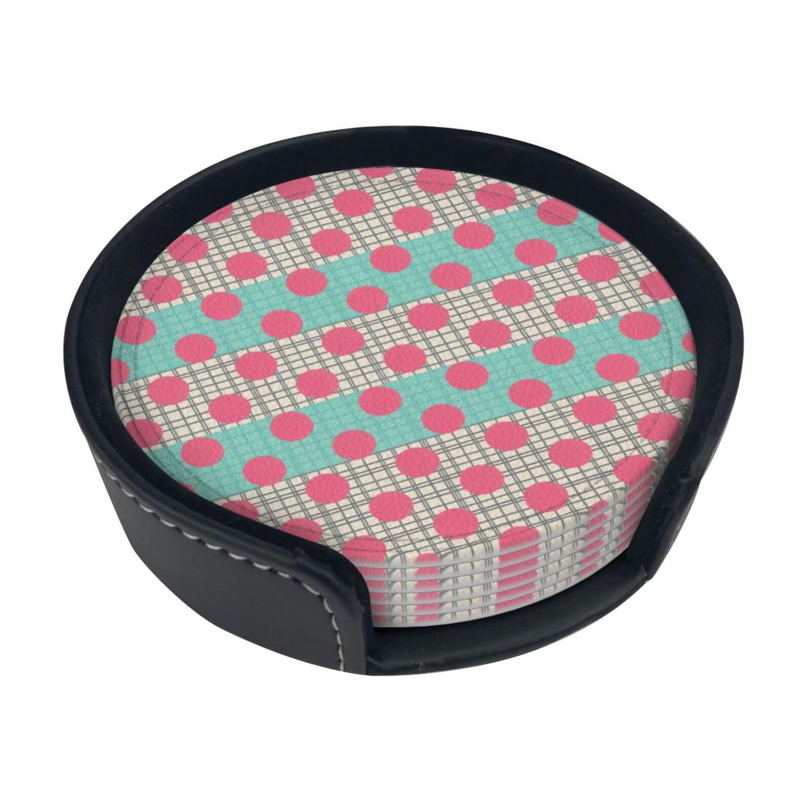 Cntdbu White Plaid Dot Stripe Leather Coasters Set Of 6-Pu Leather Drink Mats For Table, Heat Resistant Round Coasters With Holder