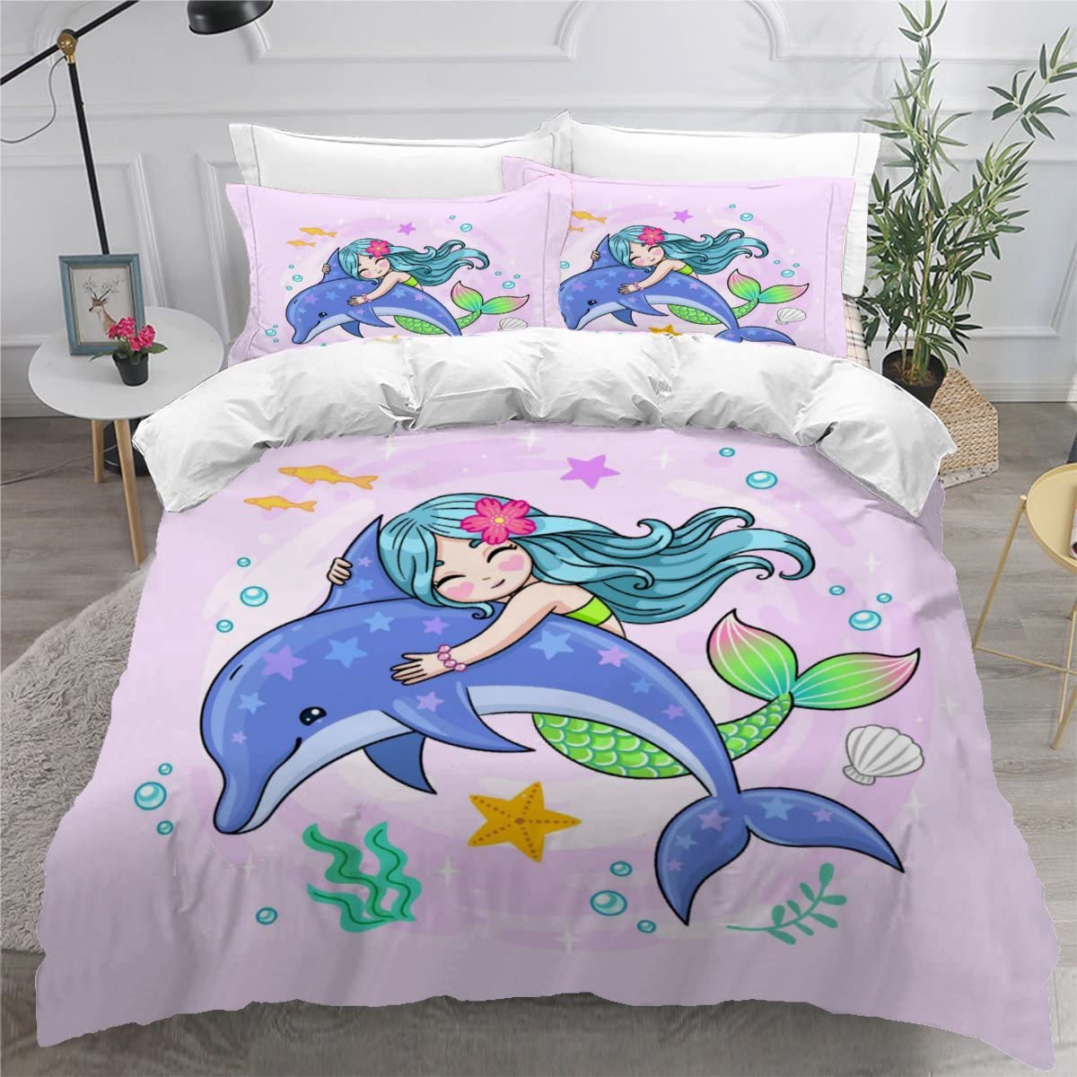 Housse de couette sirène violette 200x200 motif dauphin dessin animé