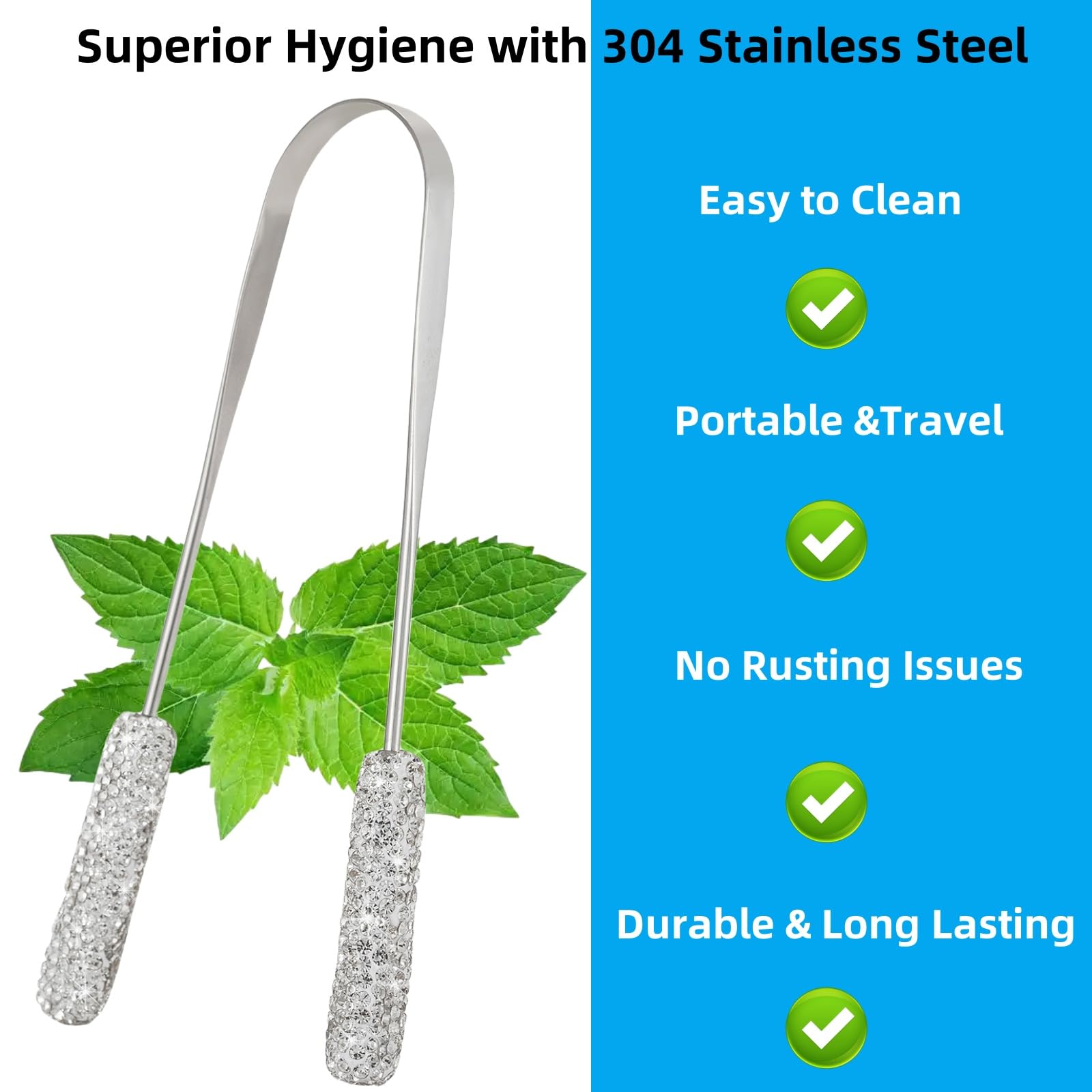 Rascador de lengua brillante de metal para adultos y niños, limpiador de lengua de acero inoxidable con diamante para cuidado e higiene bucal (blanco)