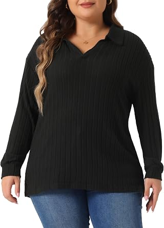 Agnes Orinda Womens Plus Size Loose Polo V Neck Long Sleeve T Shirts Tops Collared Ribbed Brushed Top Sweater Casual