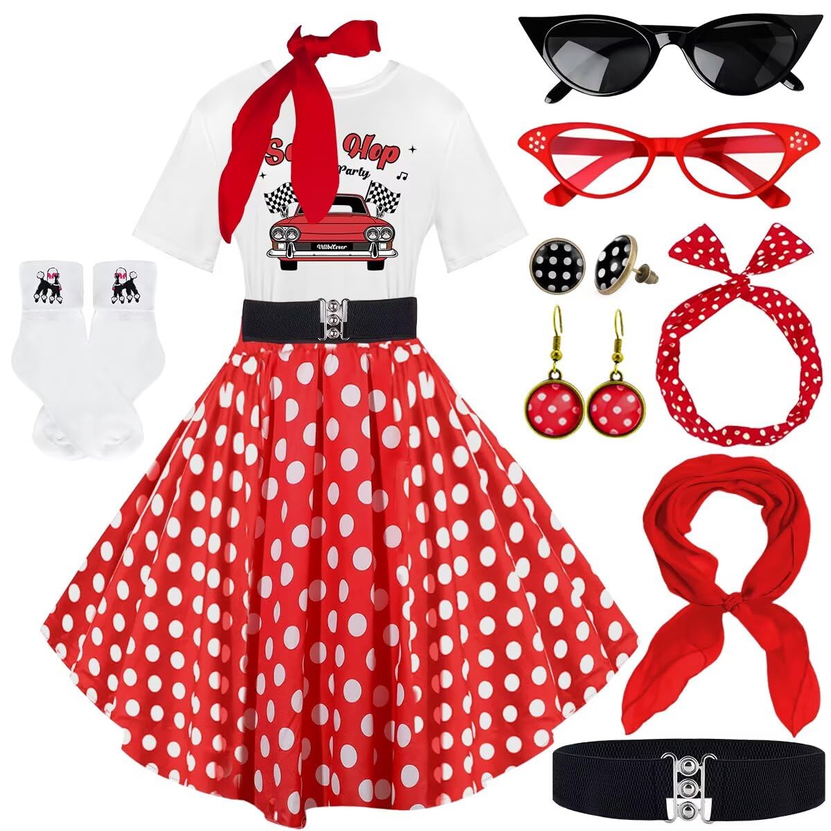 10Pcs Sock Hop Outfits Women, 1950s Poodle Skirts, T-Shirt with 50s Accessories Socks Scarf Headband Belt Earring, Reddot-sockhop, Large