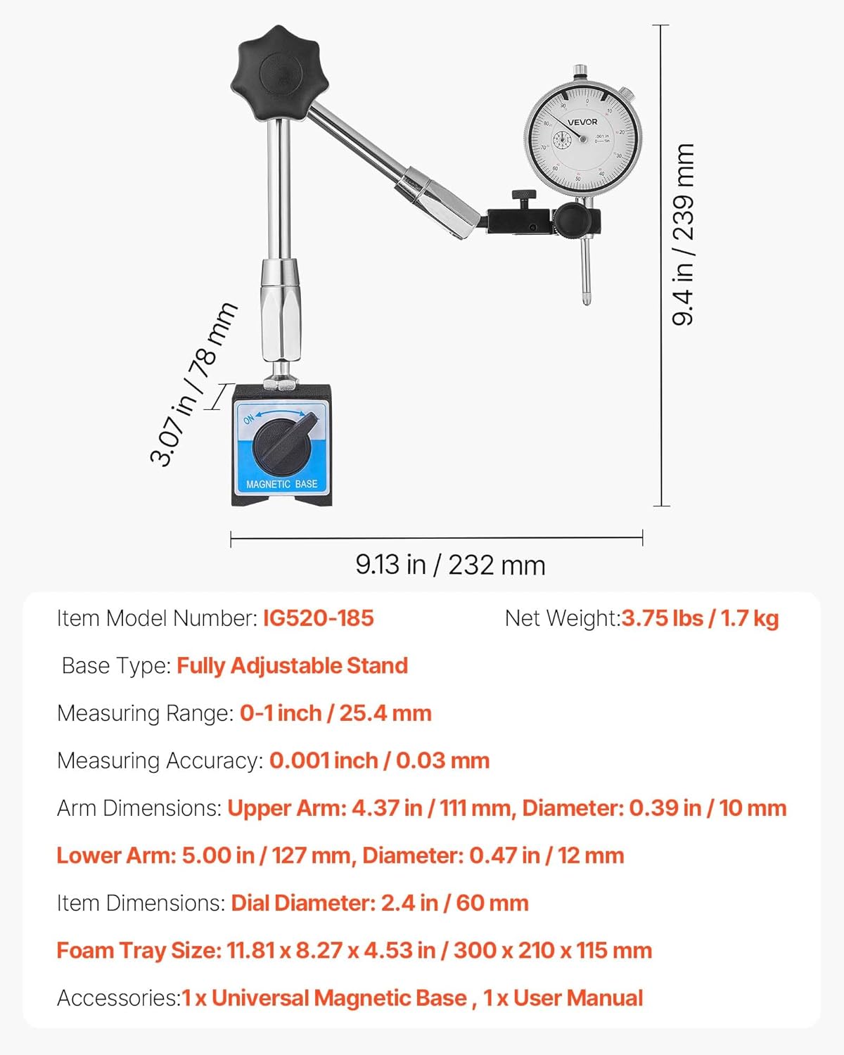VEVOR Dial Test Indicator with Magnetic Flexible Base Stand, 0.001 inch Accuracy, 0-1 inch Range, Fine Adjustable Long Arm, Professional for Machine Set-Up, Narrow Area Measurement, Easy to Read