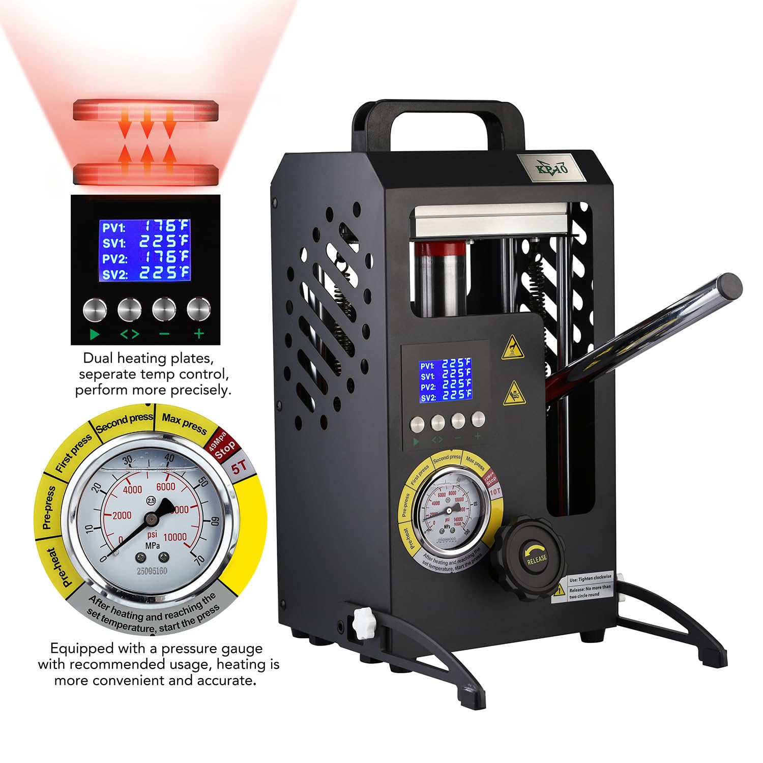 5-Tonnen-Wärmepresse mit 11,9 x 10,4 cm doppelt beheizten Platten, manuelle Presse mit LCD-Digitalanzeige und präzisem Manometer, 110 V/220 V