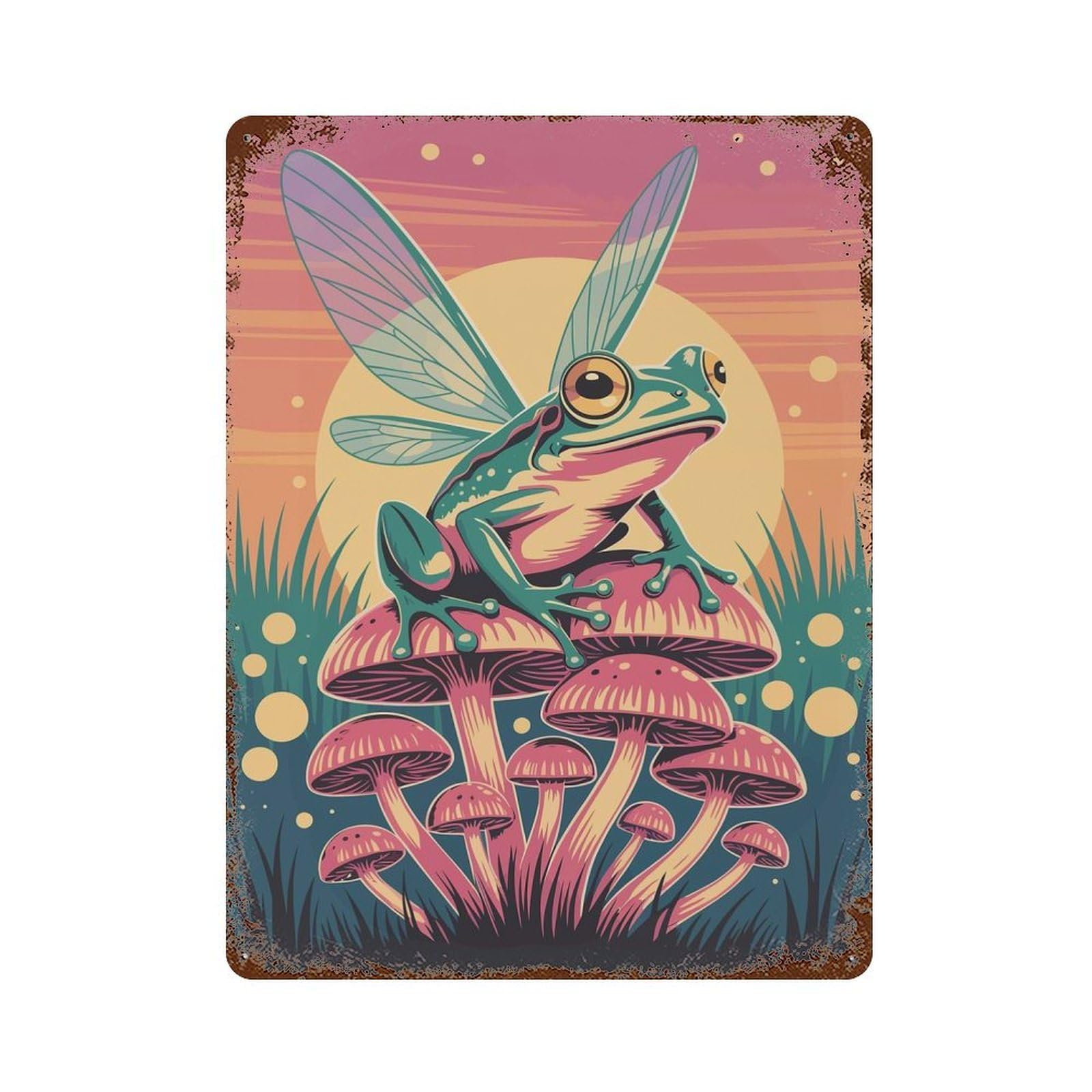 Frog with Wings on Mushrooms Rusty Metal Tin Sign 15.7"x11.8", Ideal for Pub, Kitchen And Man Cave Decor