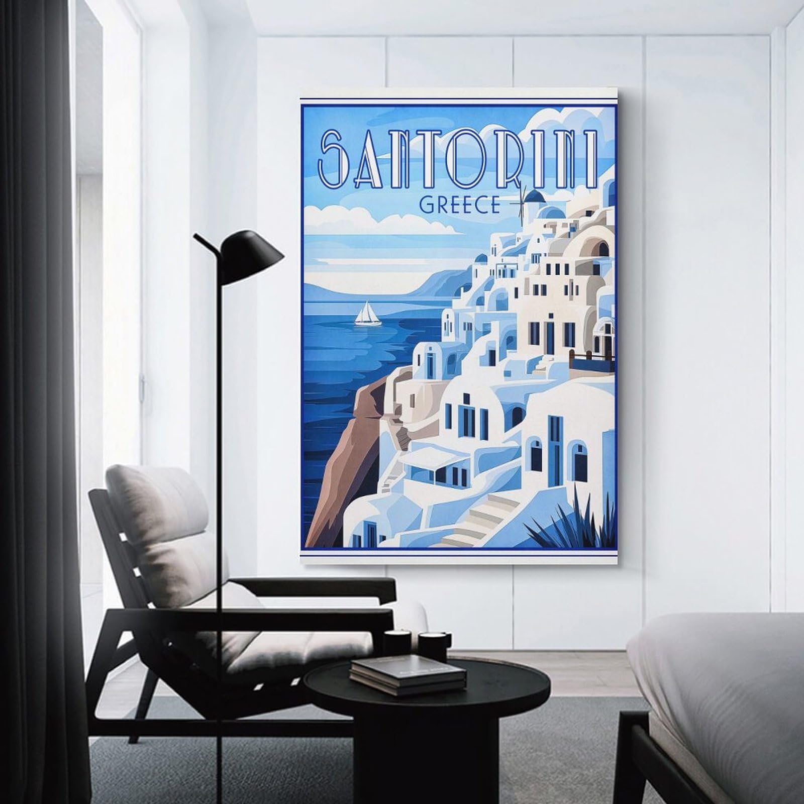Junmoney Santorini Greece Retro Canvas Art Print, 24x36inch(60x90cm), for Bedroom Decor, Cosy Corners Or Studios, A Warm Accent for Relaxed Interiors
