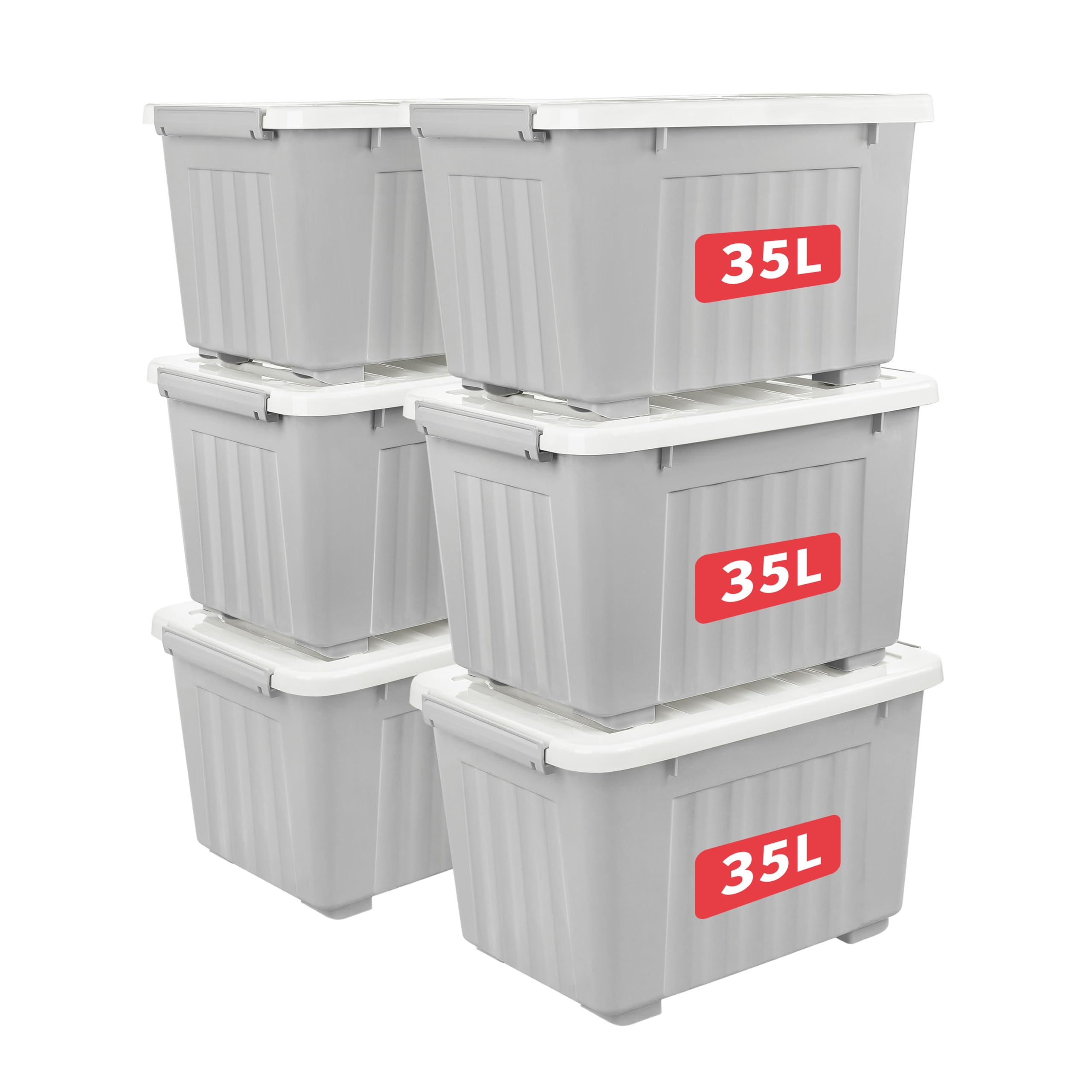 Cetomo 35L*6 Storage Boxes with Lids, Plastic Storage Box with Wheels and Secure Side Latches, Stackable & Nestable Organizer for Home, Office, Moving, PP, Gray, 35L-6 Pack