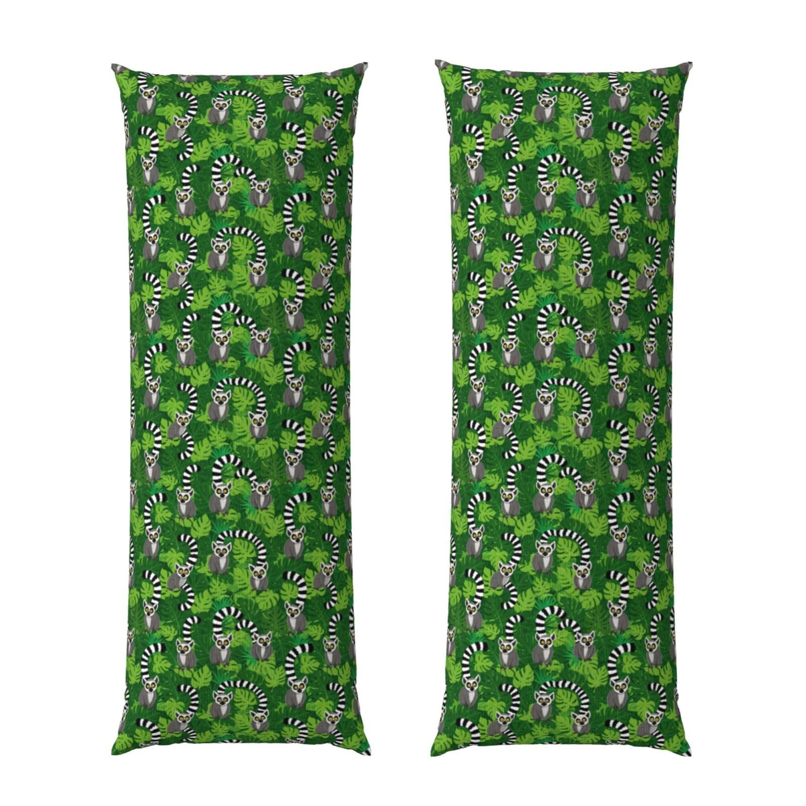 Long Pillow Cover 20x54, Lemurs Monkey Tropical Green Leaves Floral, Cozy Microfiber Pillowcase with Zipper, Soft Breathable Protector for Bed Sofa Couch Decoration