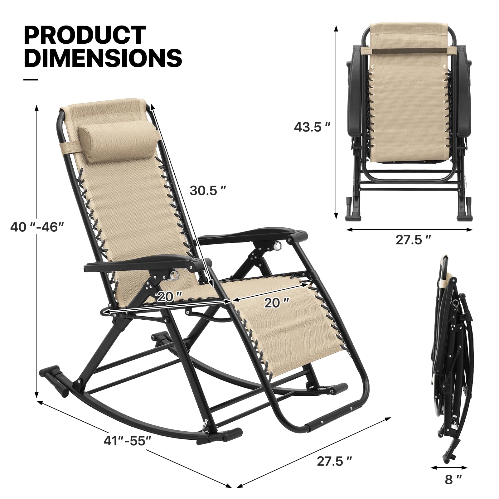 Juego de 2 mecedoras para patio, sillas de gravedad cero, reclinables, plegables, plegables, de diseño ergonómico, con reposabrazos ajustables para camping, césped, patio e interior, 330 2