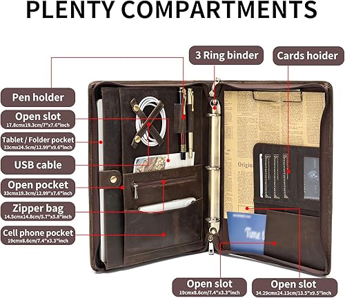 Miniatura 5 de YIWEN Portafolio de cuero genuino hecho a mano, portafolios con cremallera y carpeta de 3 anillos, organizador profesional de negocios, carpeta para