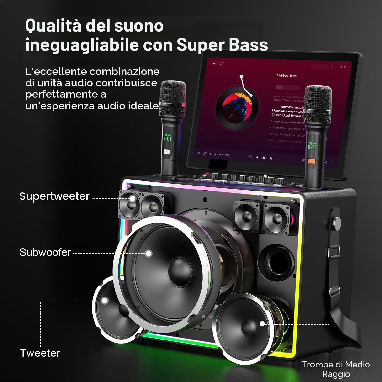 Macchina per karaoke intelligente con tablet da 14 pollici, schermo e display per i testi, altoparlante professionale per karaoke, 2 microfoni wireless, sistema PA Bluetooth, WiFi/HDMI/luci LED