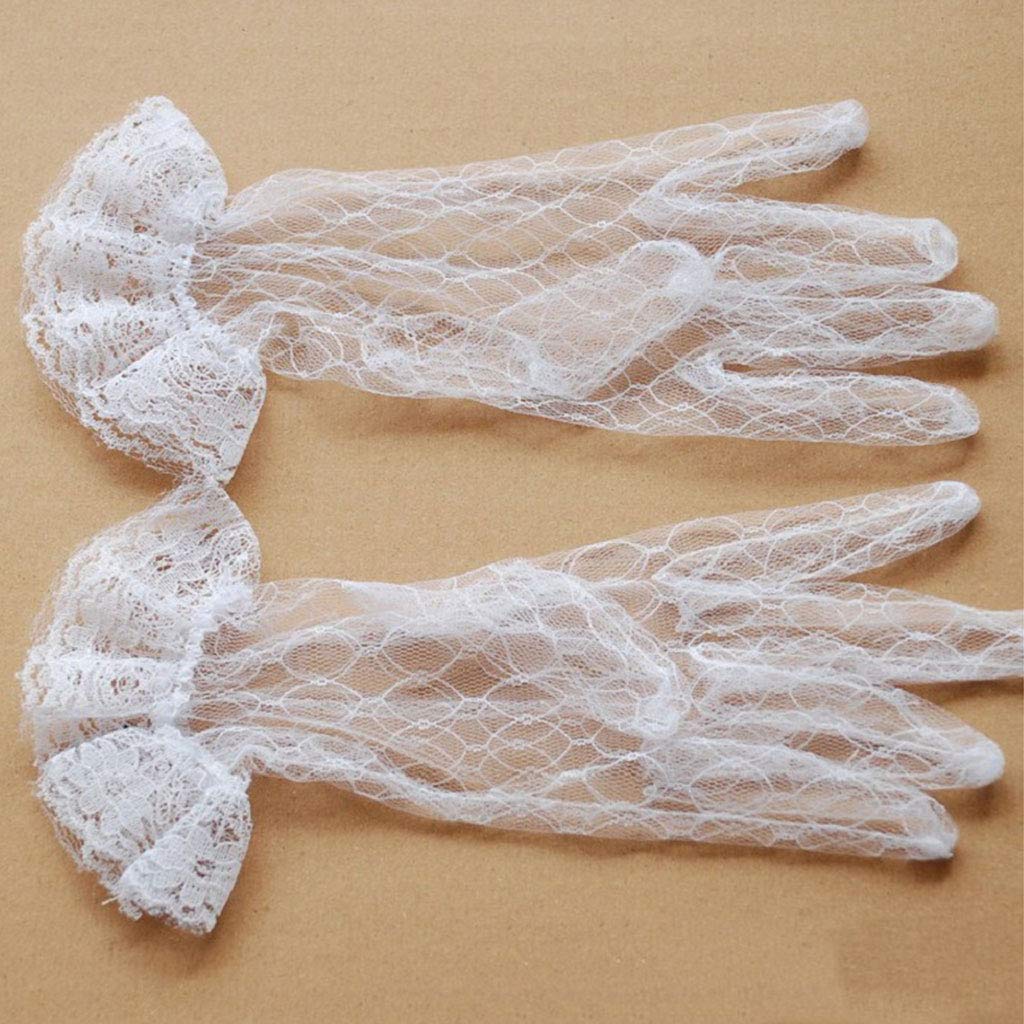 BOLOUY Colorless Bridal Wedding Short Gloves Full Gauze Ruffle Lace Trim Wrist Length Party tens