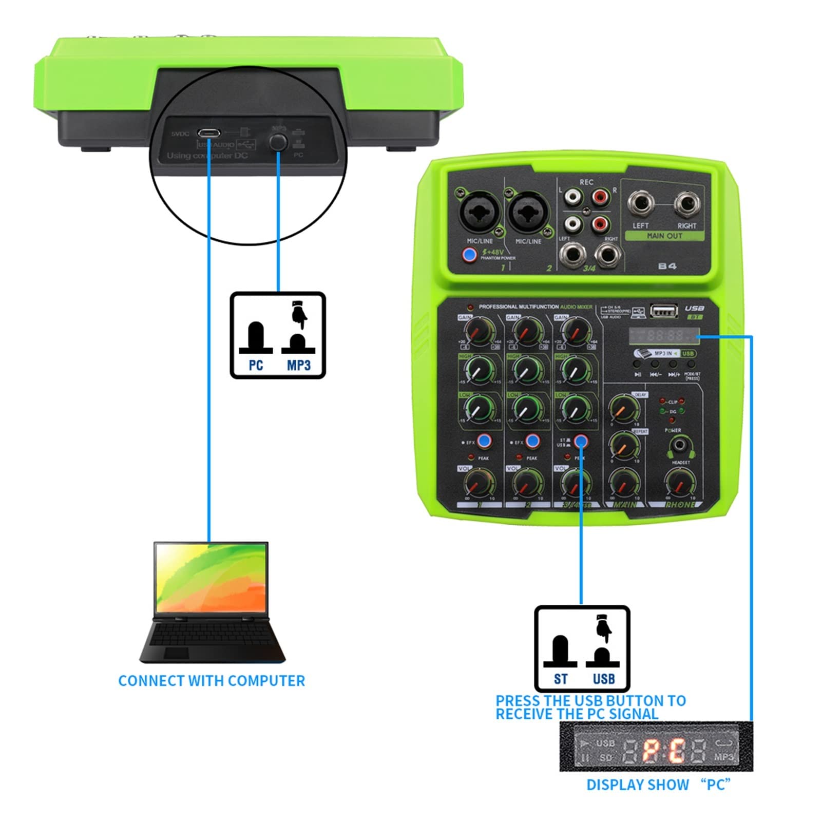 DJ-Equipment für die Party B4/B6 4/6 Channel Mixer Outdoor Conference Audio USB Bluetooth Reverberation Audio Instrument Processor Live Sound Card (Color : Deep Blue)