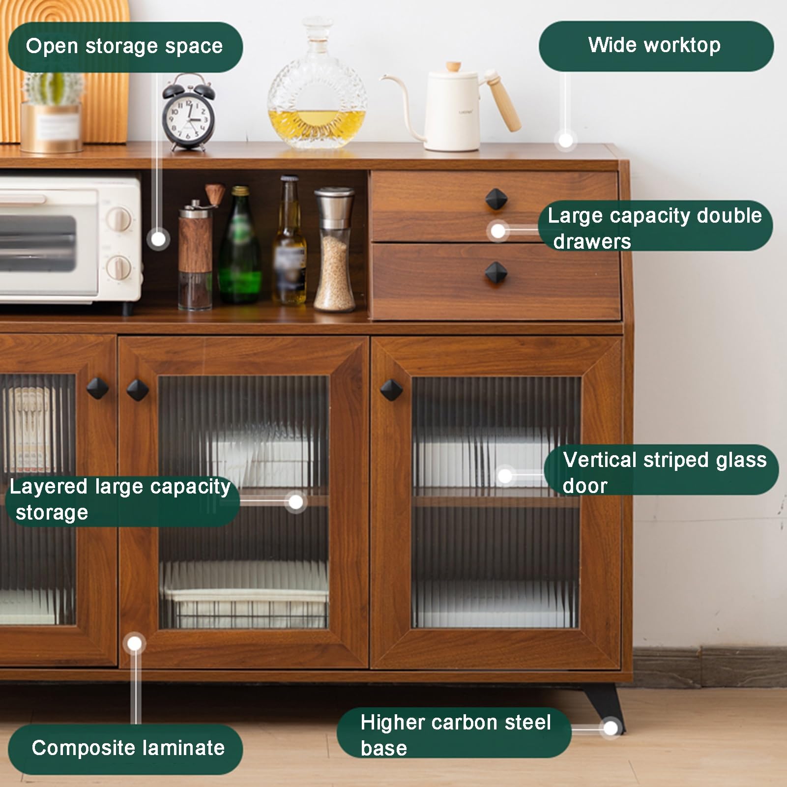 Aparador moderno Buffet Armario de almacenamiento de cocina con puertas de vidrio a rayas comedor gabinete consola mesa licor/acento armario organizador (marrón 80 x 35 x 90,4 cm)