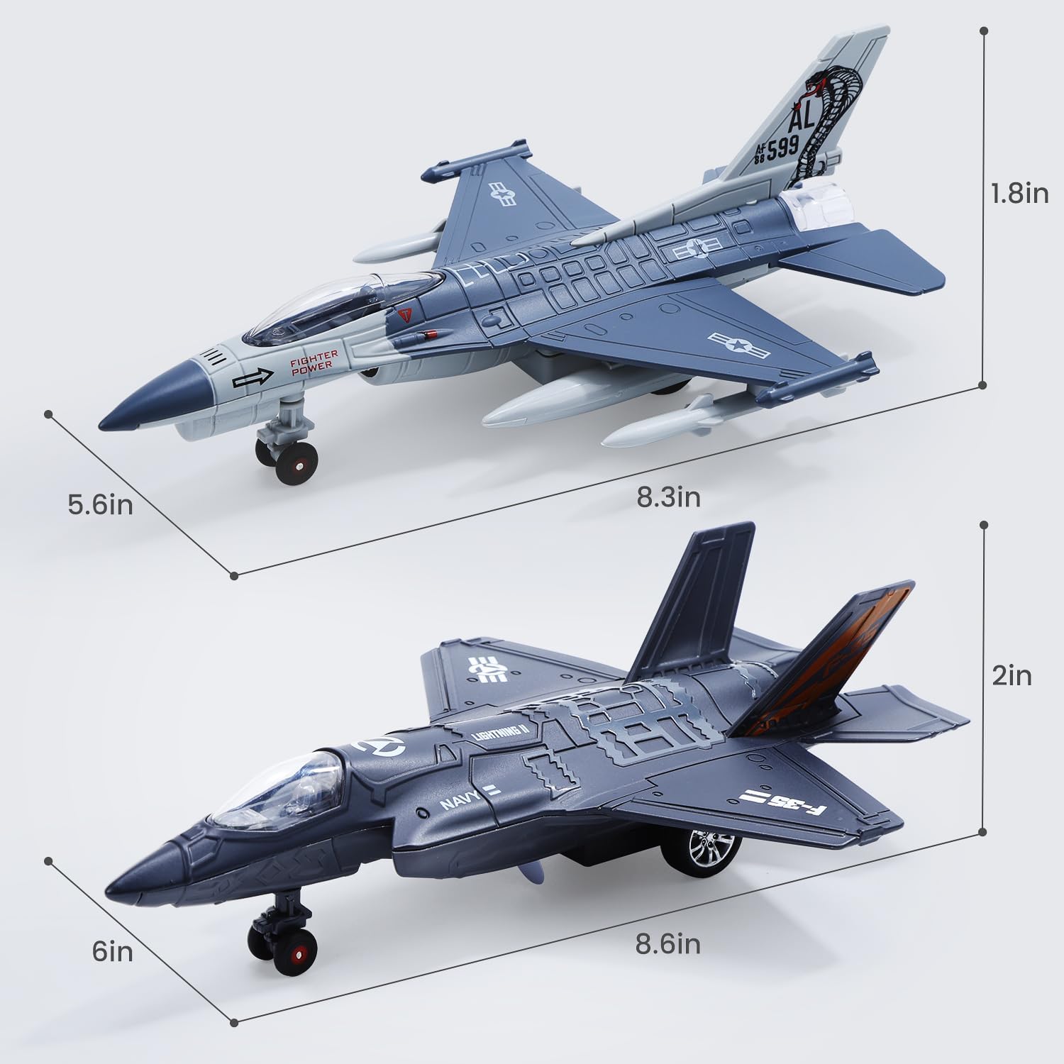 Double Fighter Jet Toy, F35 & F16 Diecast Planes with Lights & Sounds, Pull Back Military Airplane Toy Gift for Toddler,Kids, Boys
