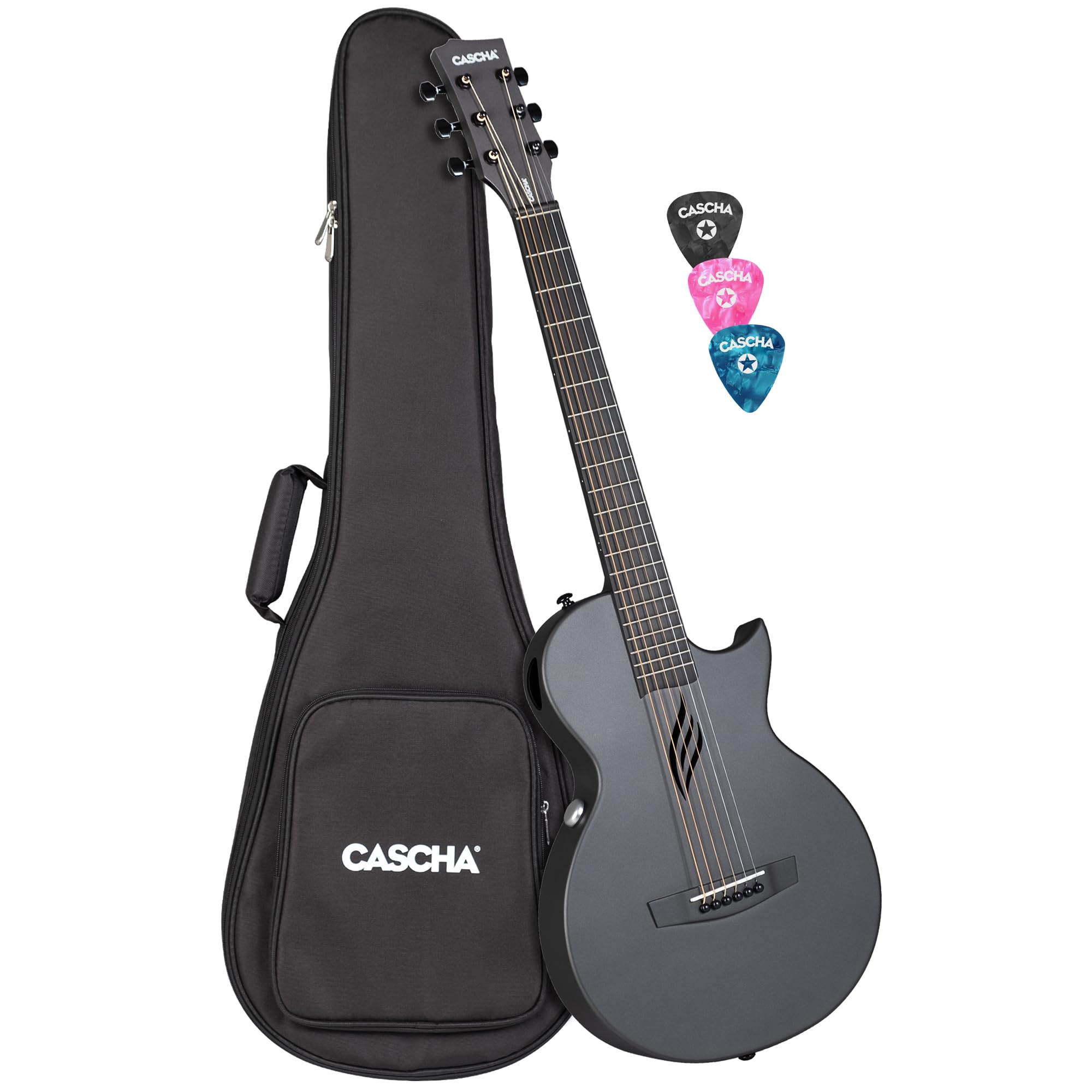 Cascha Kit de guitare pour débutant - En fibre de carbone noir - Guitare acoustique électrique à pan coupé - En fibre de carbone - Pour enfants et adultes