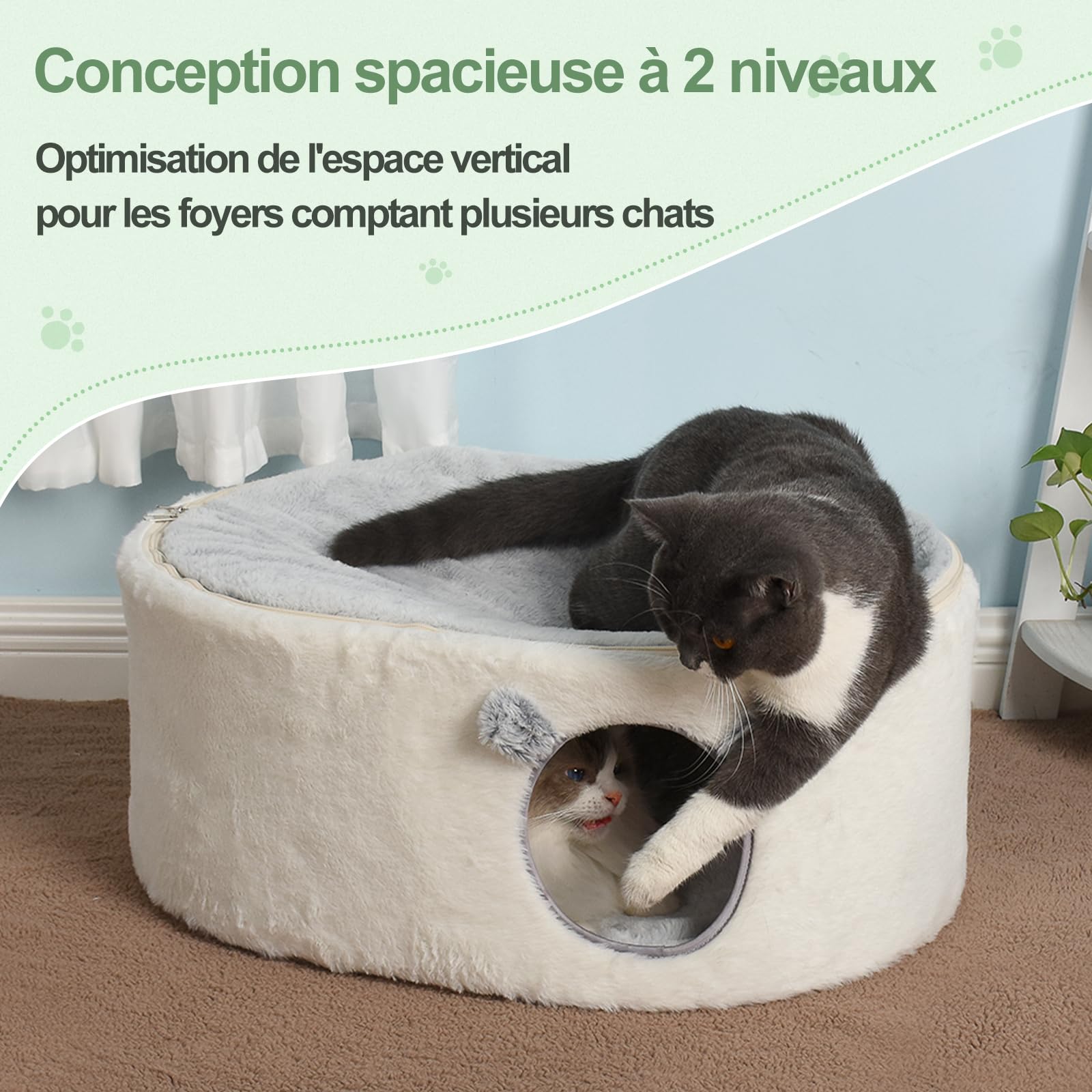 GUUSII HOME Surélevé Lit pour Chats Chaton Maison Chiot Cabane 2 Niveaux Animal de Compagnie Grotte Interieur Fermé Cachette Igloo Chat avec Housse Lavable Assemblage Facile 60 * 45 * 27cm