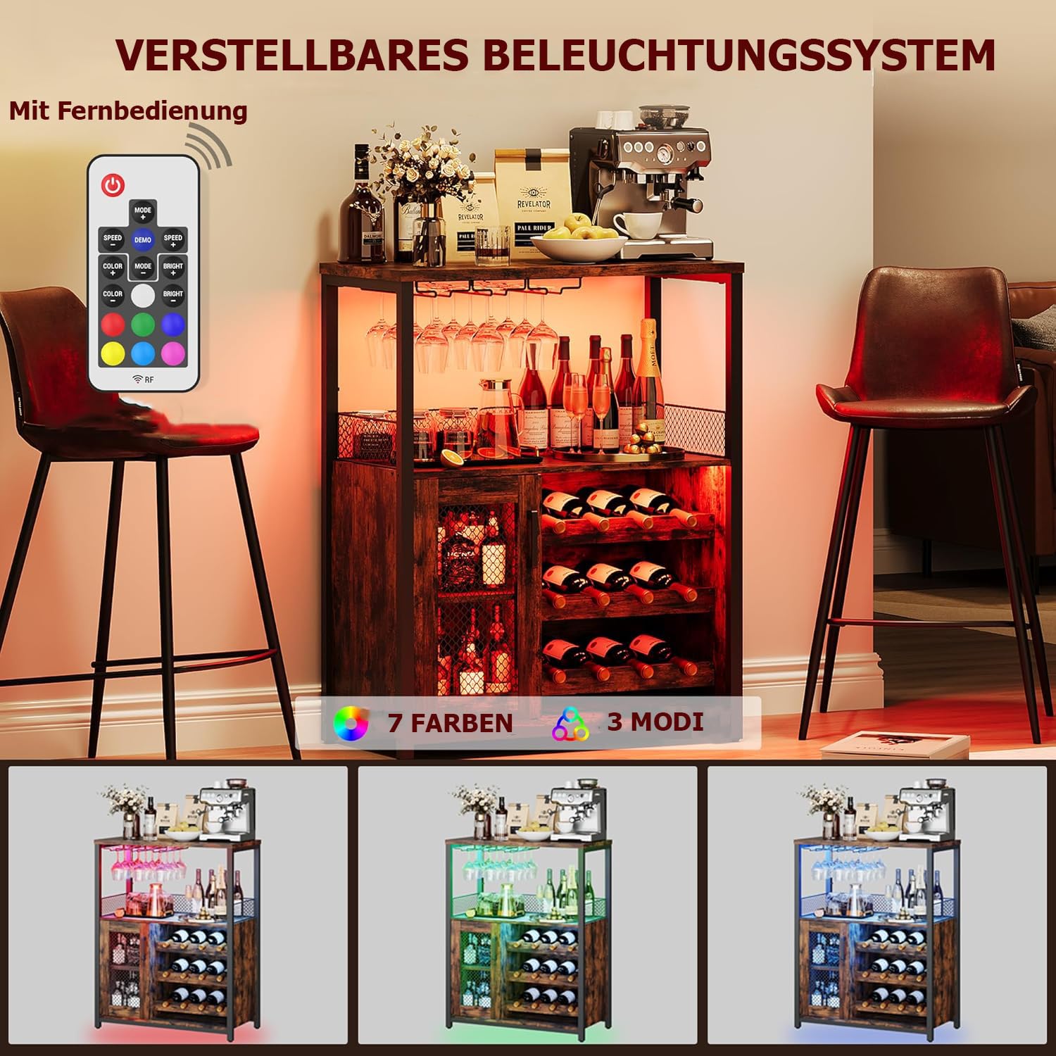 Garvee Weinschrank Weinregal Industrial mit Led Licht Barschrank mit Verstellbarem Weinregal und Glashalter Getränkeaufbewahrung Weinbarschrank für Küche Esszimmer Wohnzimmer 70x35x92 cm Retro