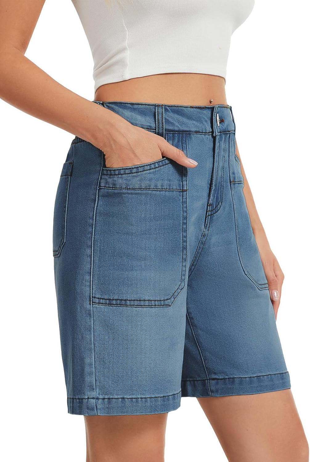 Metietila Womens Bermuda Shorts High Waisted Wide Leg Baggy Stretch Denim Jean Shorts for Relaxed Fit