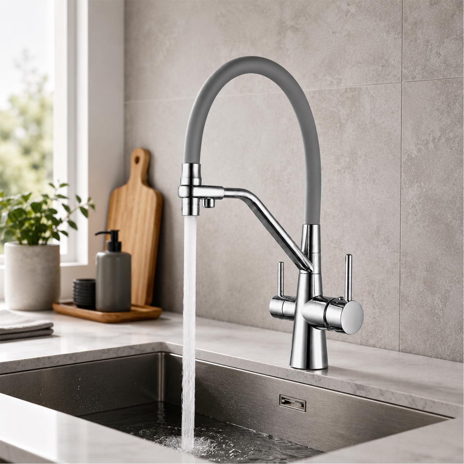 Grifo de Cocina 3 Vías para Ósmosis, 2 Modos de Agua, Cromado | Agua fría, caliente y filtrada | Canal independiente | Latón macizo | Giro 360° | Compatible con ósmosis