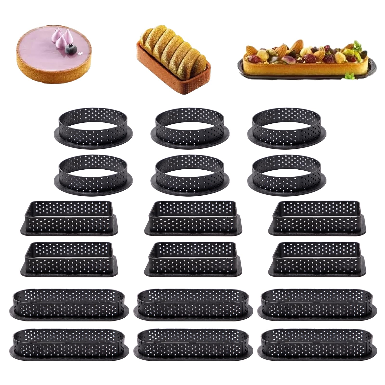 Keboyoe 18pcs Perforated Mousse Cake Ring Perforated Tart Ring Set Round Oval Rectangle Shape Tart Ring Plastic Perforated Pie Ring Muffin Rings Cake Mould for Mini Cakes Mini Pizzas Muffins