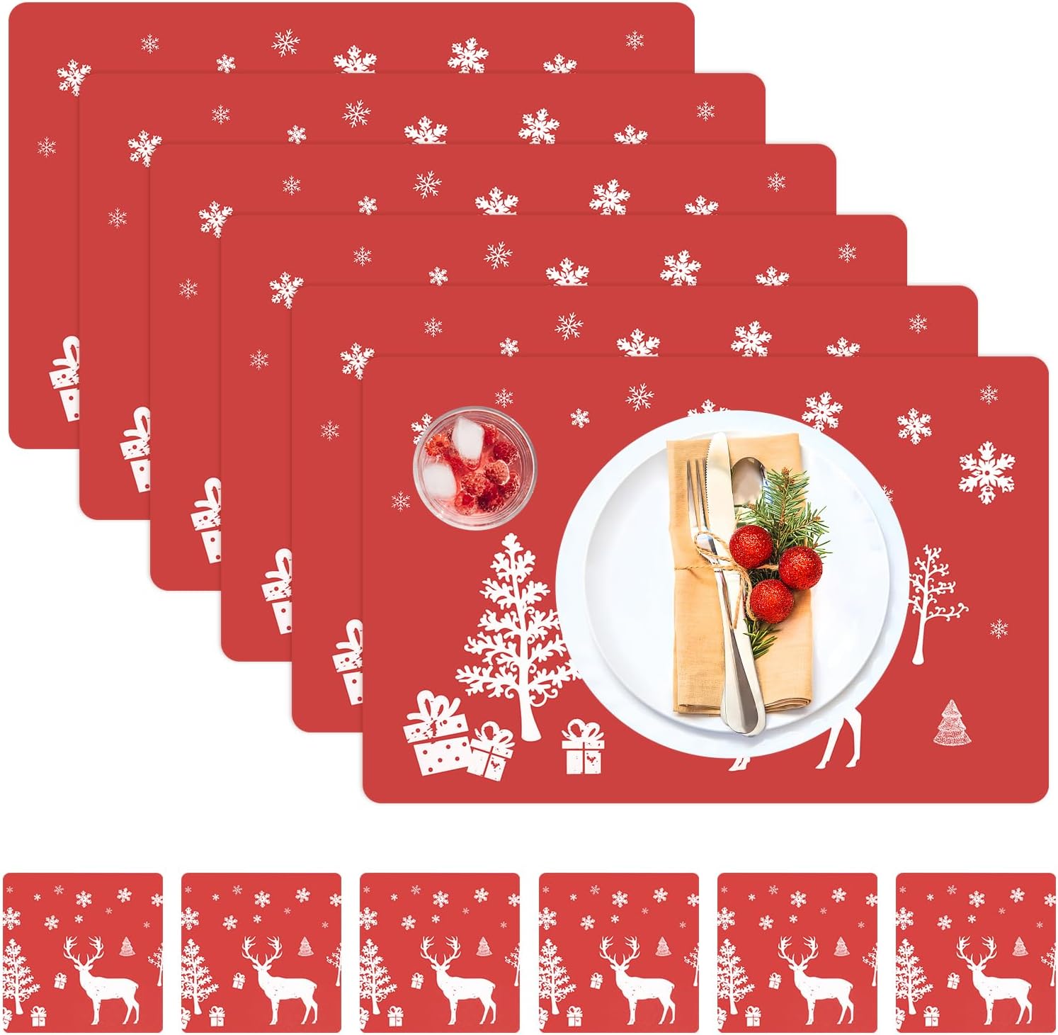 YUDAEE 12PCS Christmas Placemats Sets Christmas Table Mats Red