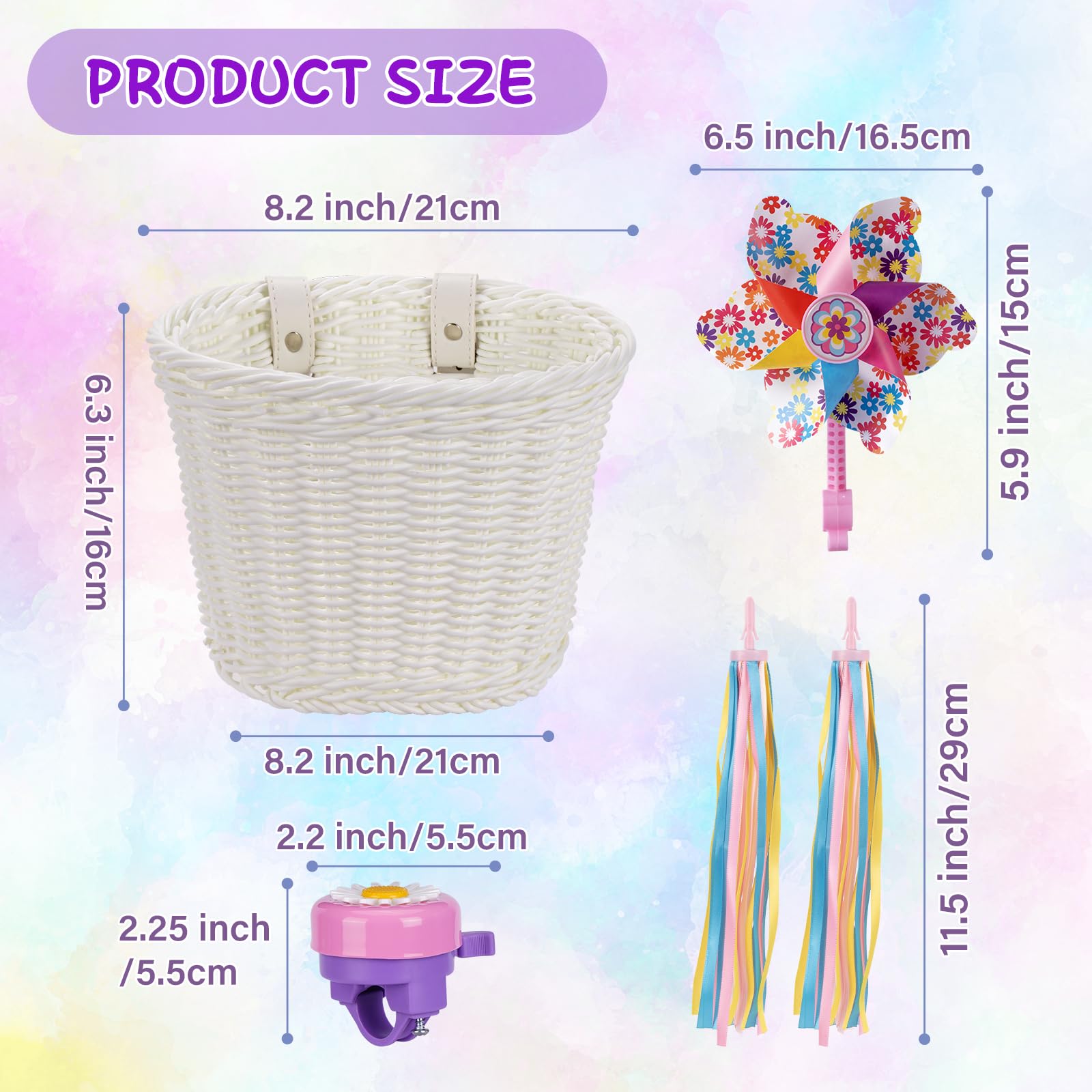 Panier de vélo avant pour enfants, accessoires de vélo pour filles et garçons, panier de vélo tissé avec autocollants, sonnette de vélo, moulin à vent et 1 paire de rubans colorés (panier blanc)