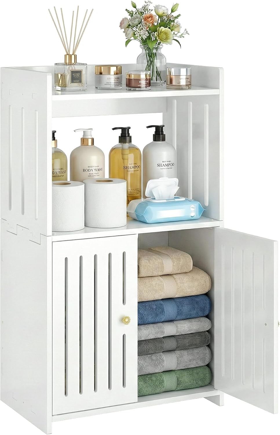 Bathroom Storage Cabinet, 4-Tier White Floor Cabinet Freestanding Organizer with Door for Living Room Kitchen Small Space (8.7" D x 14.2" W x 29.5" H)