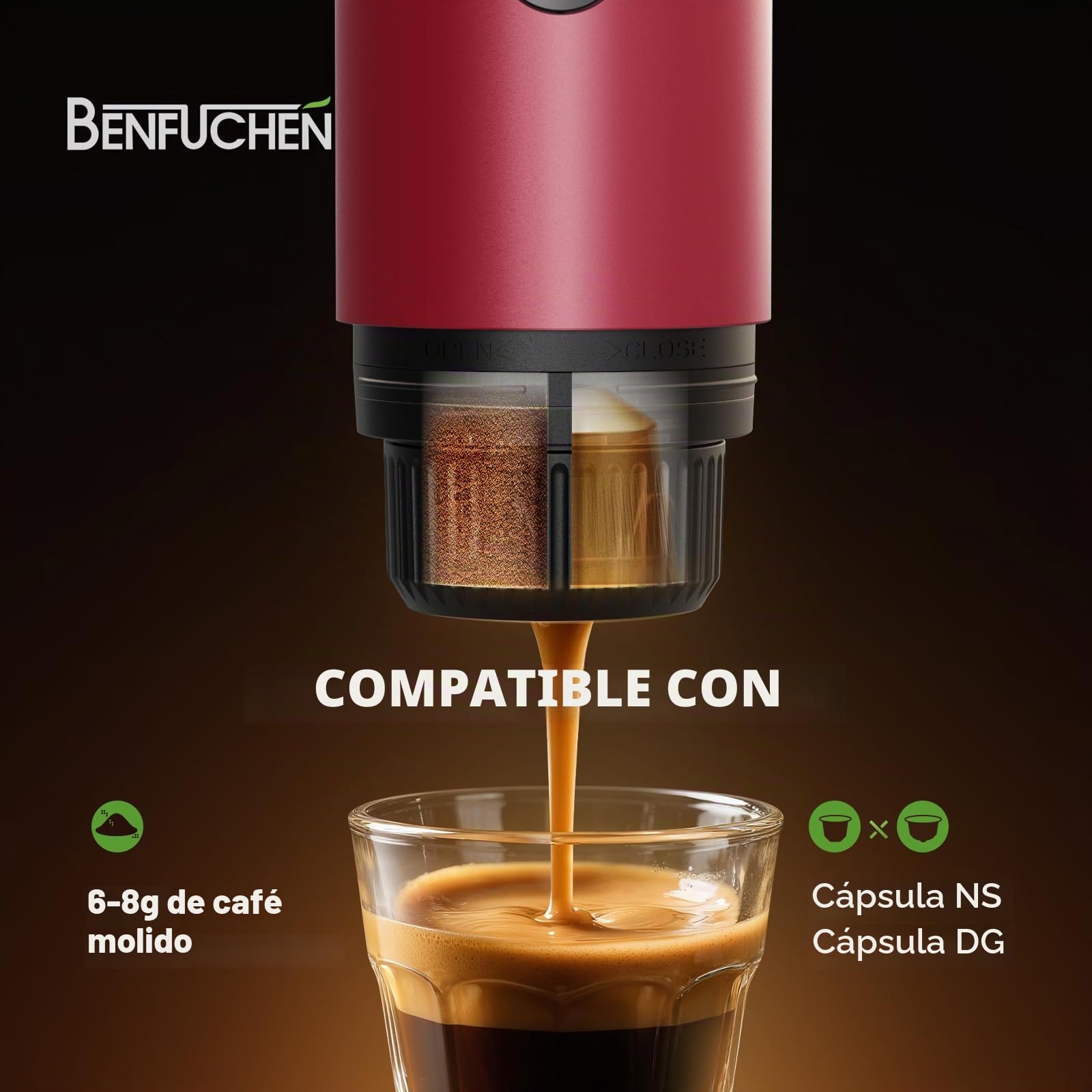 Cafetera portátil 3 en 1, máquina de espresso de 19 bares con calentamiento automático, compatible con cápsulas NS y DG, así como café molido para camping, senderismo, viajes y hogar (Rojo)