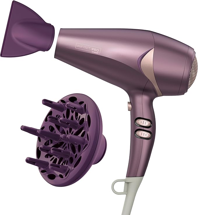 Infiniti PRO CONAIR Style & Shine Hair Dryer with Diffuser and Concentrator, 1875W Style & Shine Blow Dryer with Tourmaline and Ionic Conditioning to Fight Frizz, 3 Heat & 2 Speed Settings, Purple