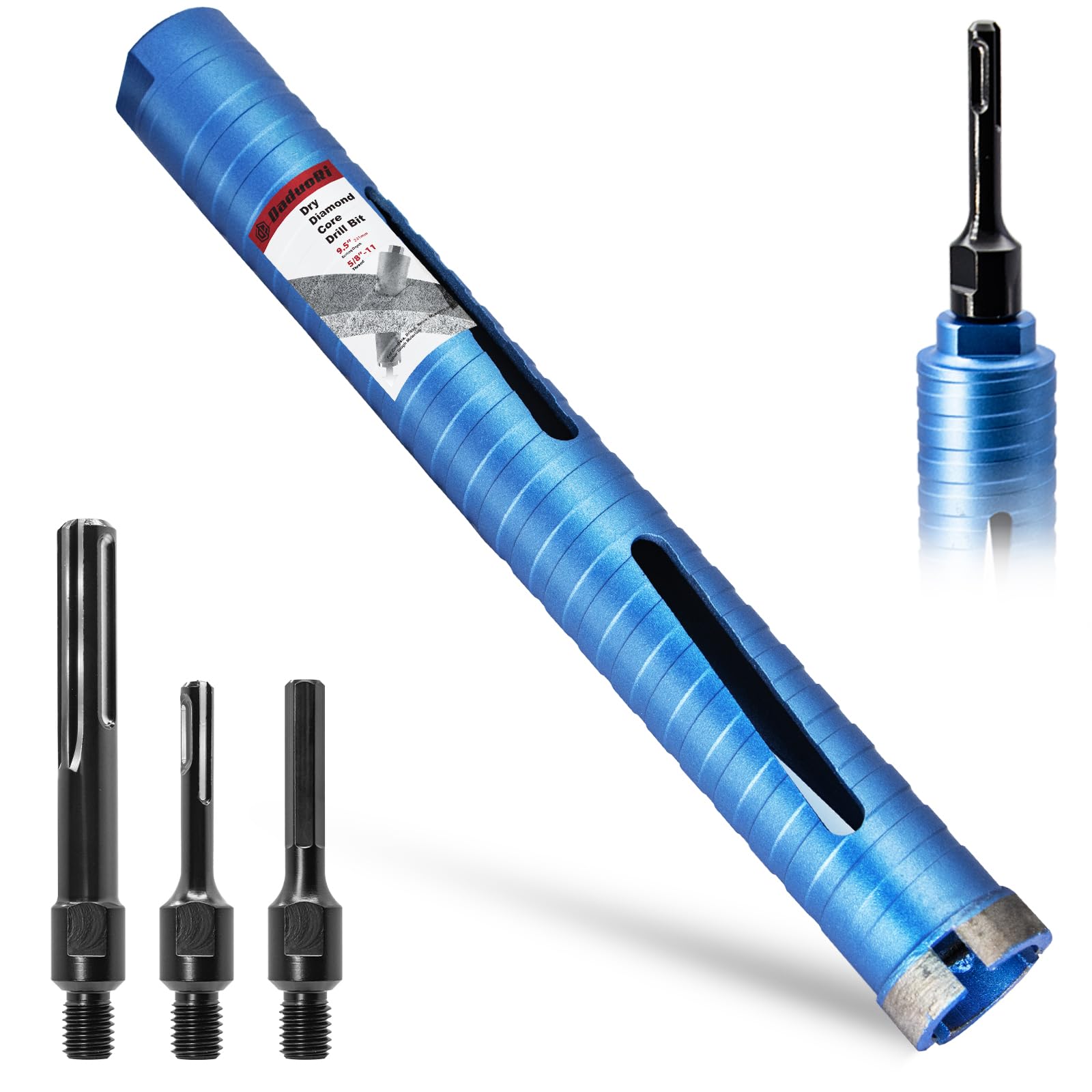 DaduoRi 1 3/4" Dry Core Drill Bit, 5/8"-11 Thread, with 3 Adapters Included: SDS Plus, SDS Max and 1/2" Hex Shank; 9.5" Drilling Depth Diamond