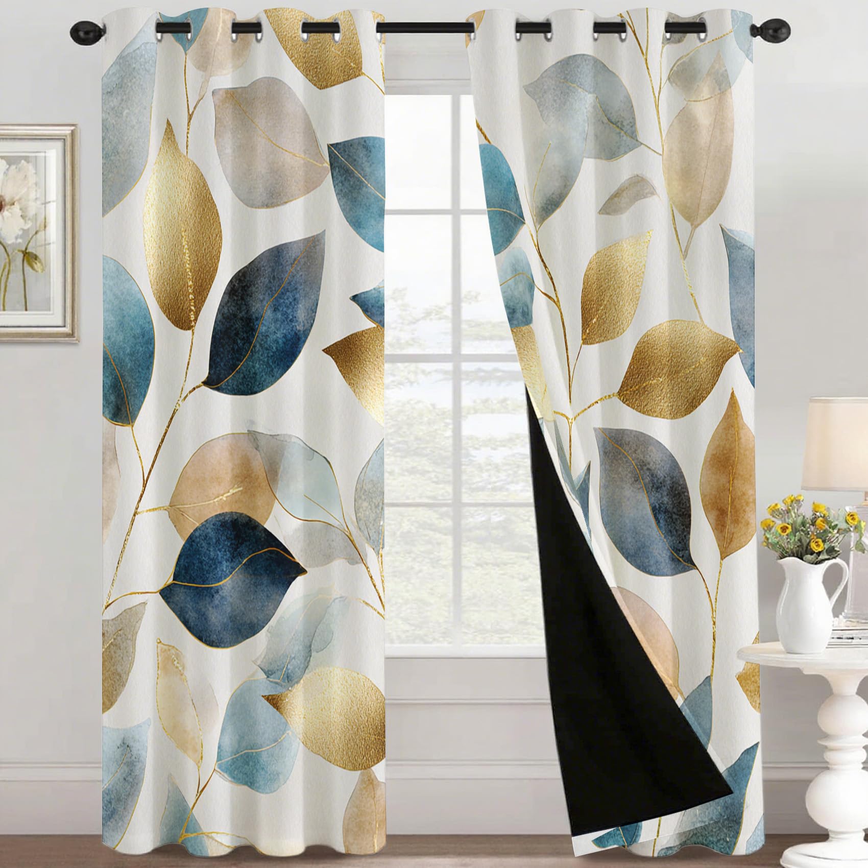 Generisch Blickdichte Vorhänge Blau Goldenes Blatt Muster, H 245 x B 140 2er Set - Moderne ästhetische Blätter Fenster Gardinen mit Ösen, 245 cm Lang Curtains Wohnzimmer Schlafzimmer Deko CG74