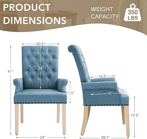 Miniatura 3 de LOULENS Sillas de comedor de tela, sillas tapizadas con reposabrazos capitoné, sillas decorativas con ribete de cabeza de clavo, patas de madera