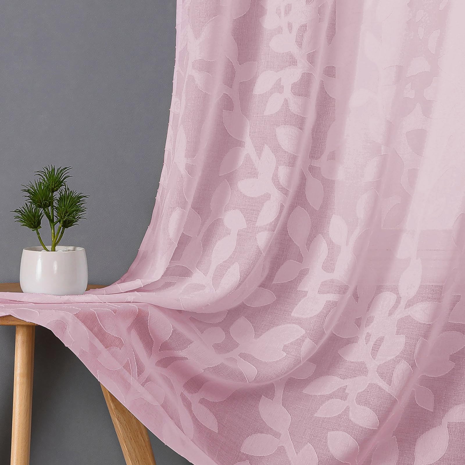 OVZME Blush Pink Sheer Curtains 42 X 45 Inch Length 2 Panels, Semi Sheer Drapes Light Filtering Textured Window Curtains, Jacquard Clip Leaf Pattern Short Curtains for Small Window Tiers