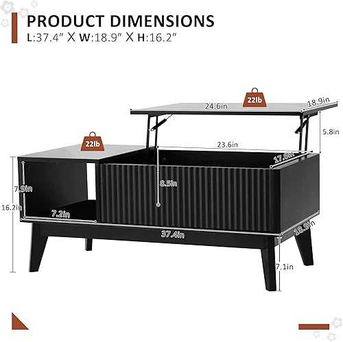 Miniatura 2 de LYNCOHOME Mesa de centro acanalada con compartimento oculto, mesas de centro elevables de madera, mesa central moderna para sala de estar, oficina