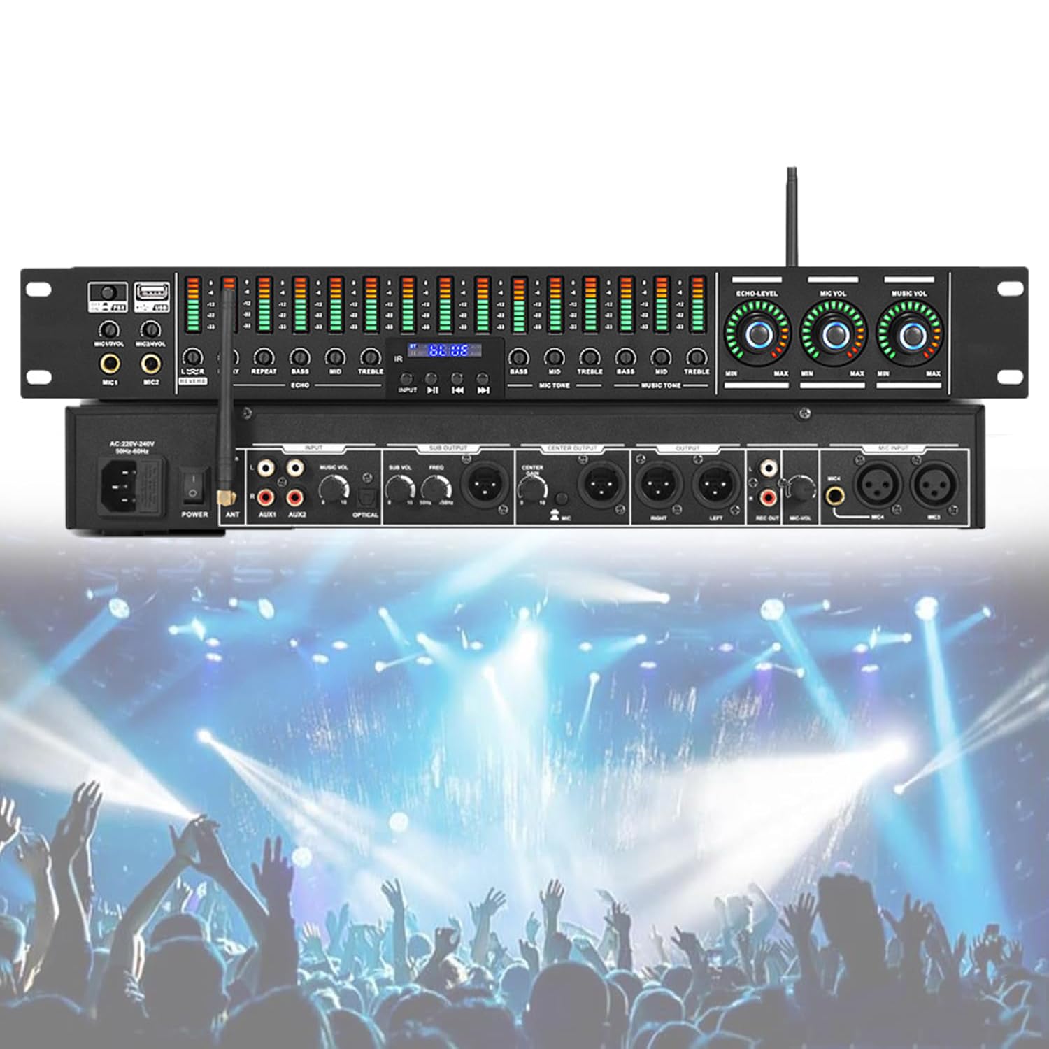Ecualizador de audio digital, preamplificador profesional con interfaz de micrófono de 5 canales, antiaullidos con un solo clic, ajustes de micrófono/música/reverberación independientes para eventos