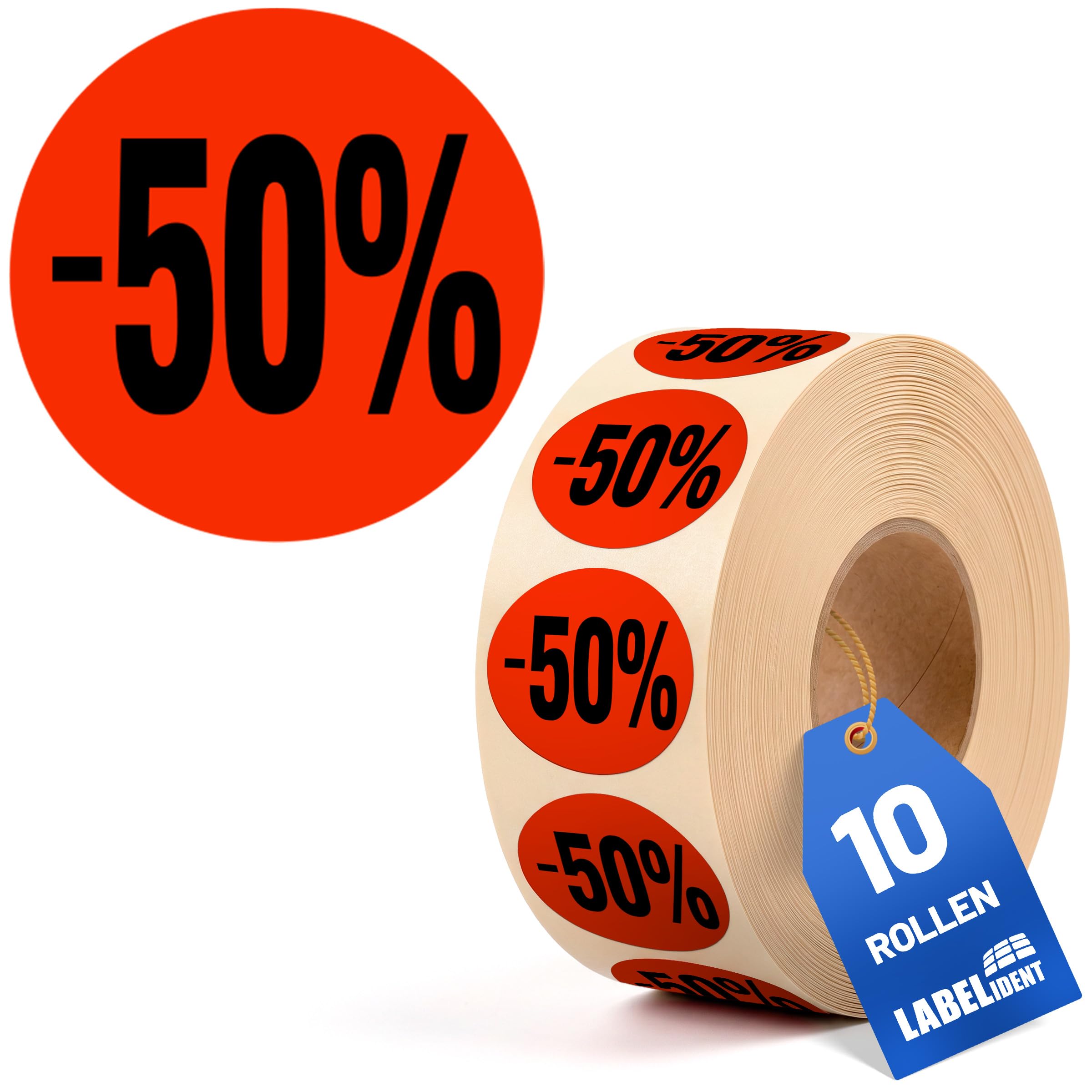 Labelident Aktionsetiketten -50% Ø 32 mm | 10.000 Rabattaufkleber auf 10 Rollen | leuchtrot-schwarz | Für Handel, Lager und Verkauf | Stark selbstklebende Preisetiketten
