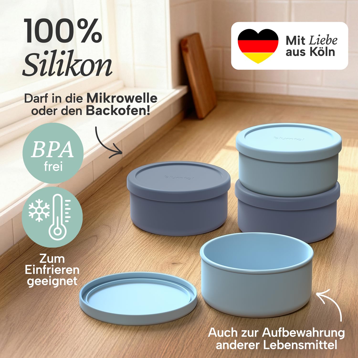 Blumtal Pizzaballenbox mit Deckel 4er Set - BPA-freie Pizza Ballenbox Silikon 14,5x6,5cm - antihaftende Pizza Box für optimale Gärung - Gärbox - Teigballenbox - Pizzabox - Pizzateig Box - Set Blau