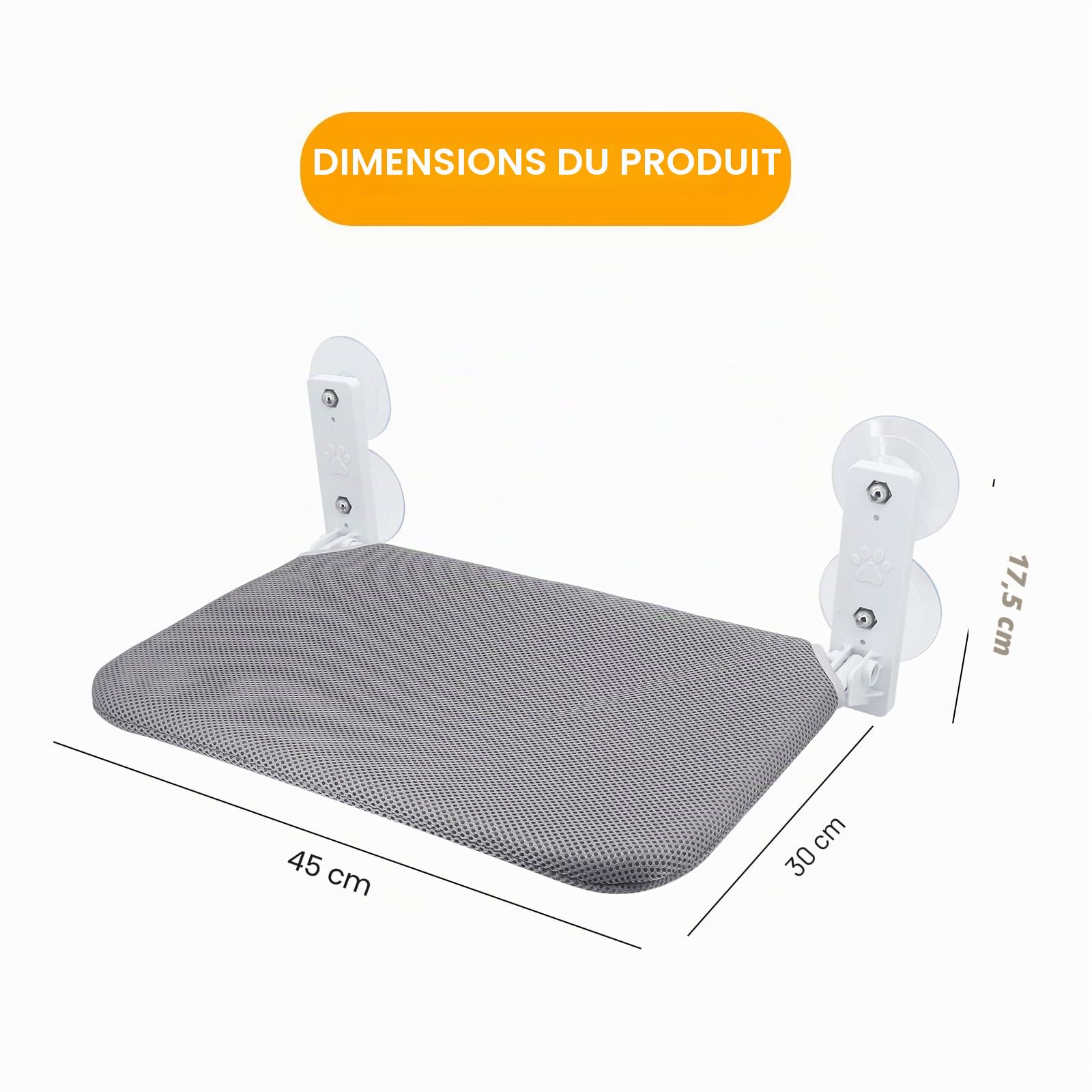 Perchoir de fenêtre pour chat, hamac pliable avec 4 ventouses, cadre fixe, filet respirant, gris, 45 x 30 cm